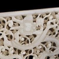 A Chinese Jade Inset Metal Mounted Buckle, Ming-Qing Dynasty 明-清 白玉穿花龍紋帶板
