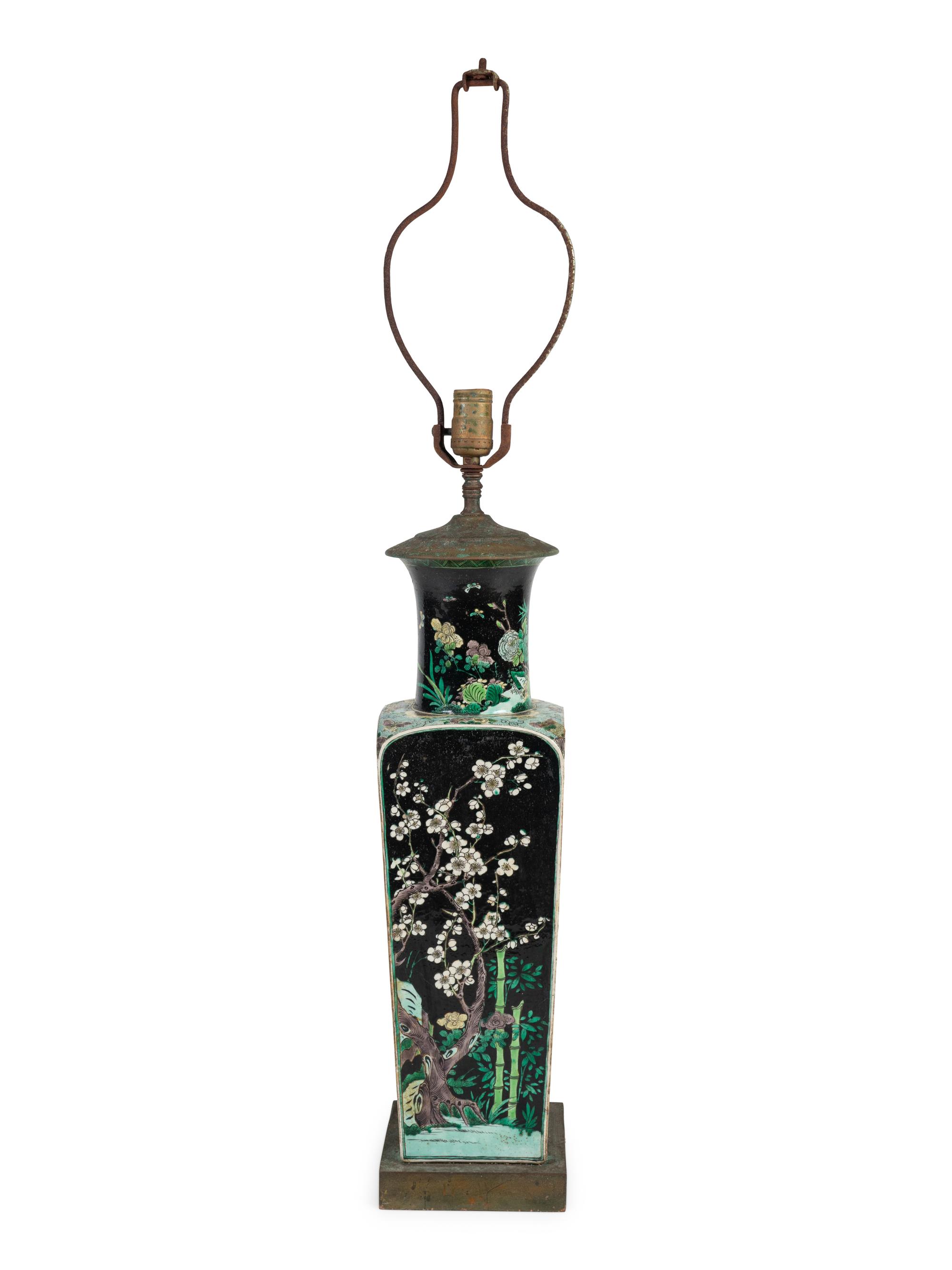 A Chinese Famille Noire Porcelain Vase Mounted as a Lamp — EARLY 20TH CENTURY