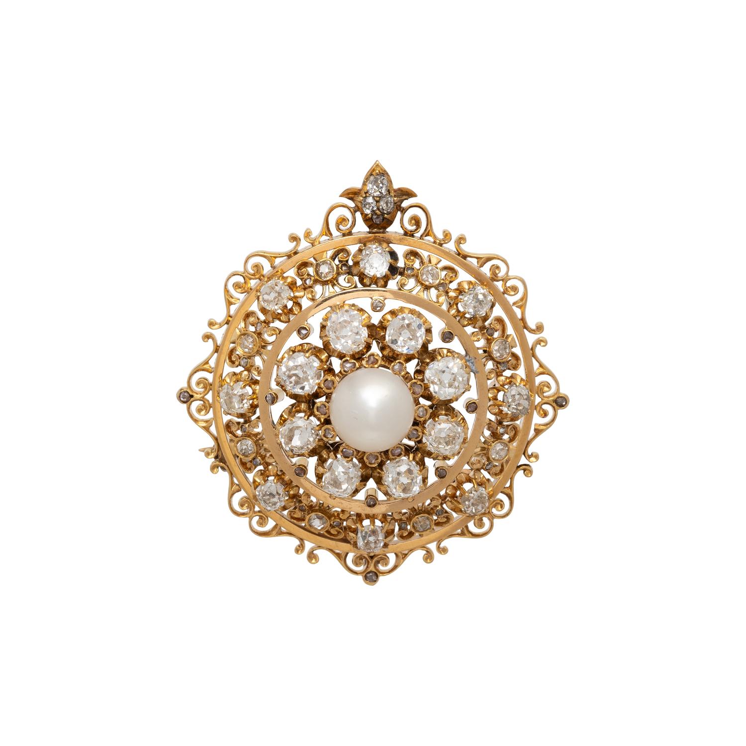 ANTIQUE, DIAMOND, MABÉ PEARL, AND YELLOW GOLD BROOCH