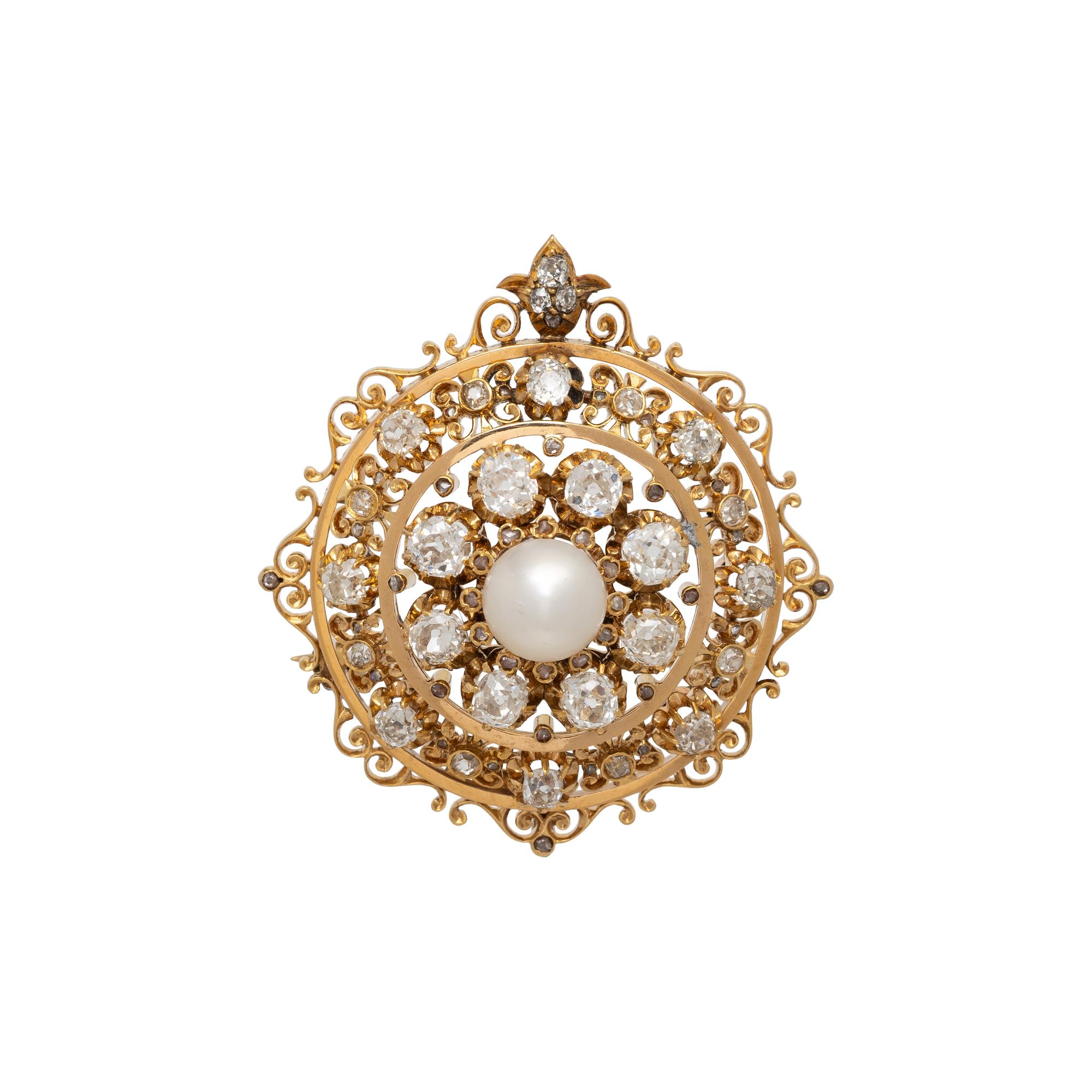 ANTIQUE, DIAMOND, MABÉ PEARL, AND YELLOW GOLD BROOCH