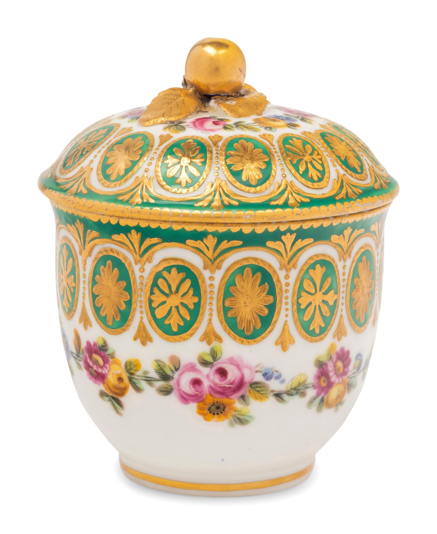 A Sèvres Green-Ground Porcelain Sugar Bowl and Cover ( Pot à Sucre 'Bouret' et son Couvercle, 2ème Grandeur )
