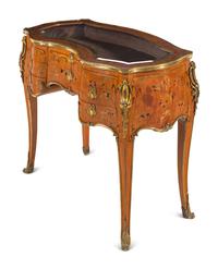 A Louis XV Style Gilt Bronze Mounted Penwork and Marquetry Vitrine Commode