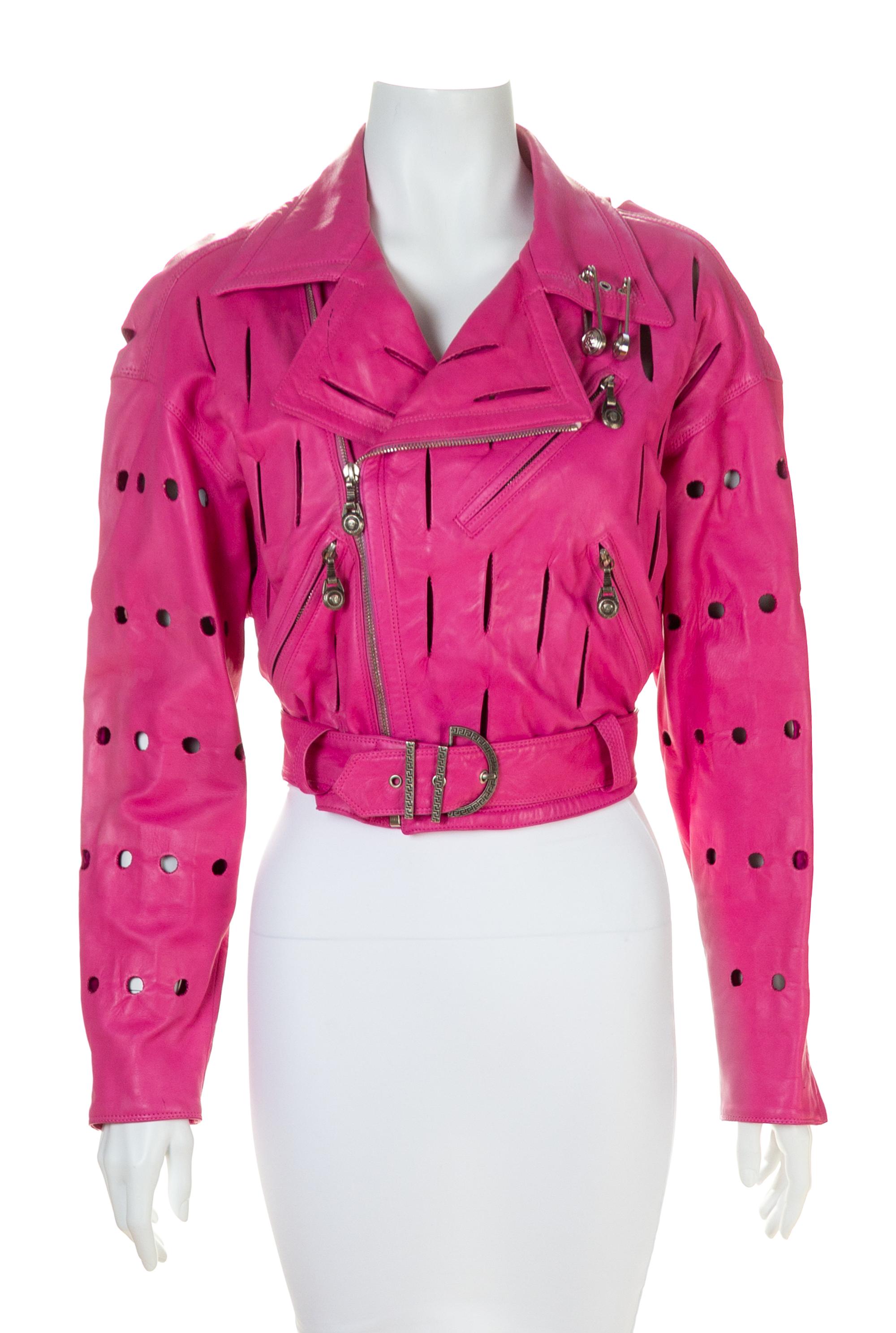 A Gianni Versace Pink Leather Moto Safety Pin Jacket, No size.