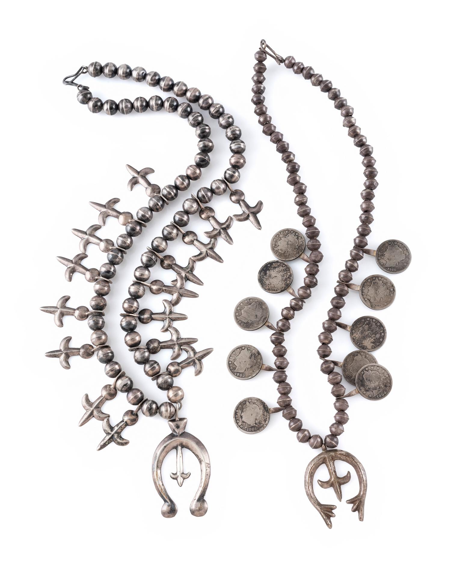 Pair of Petite Navajo Silver Squash Blossom Necklaces