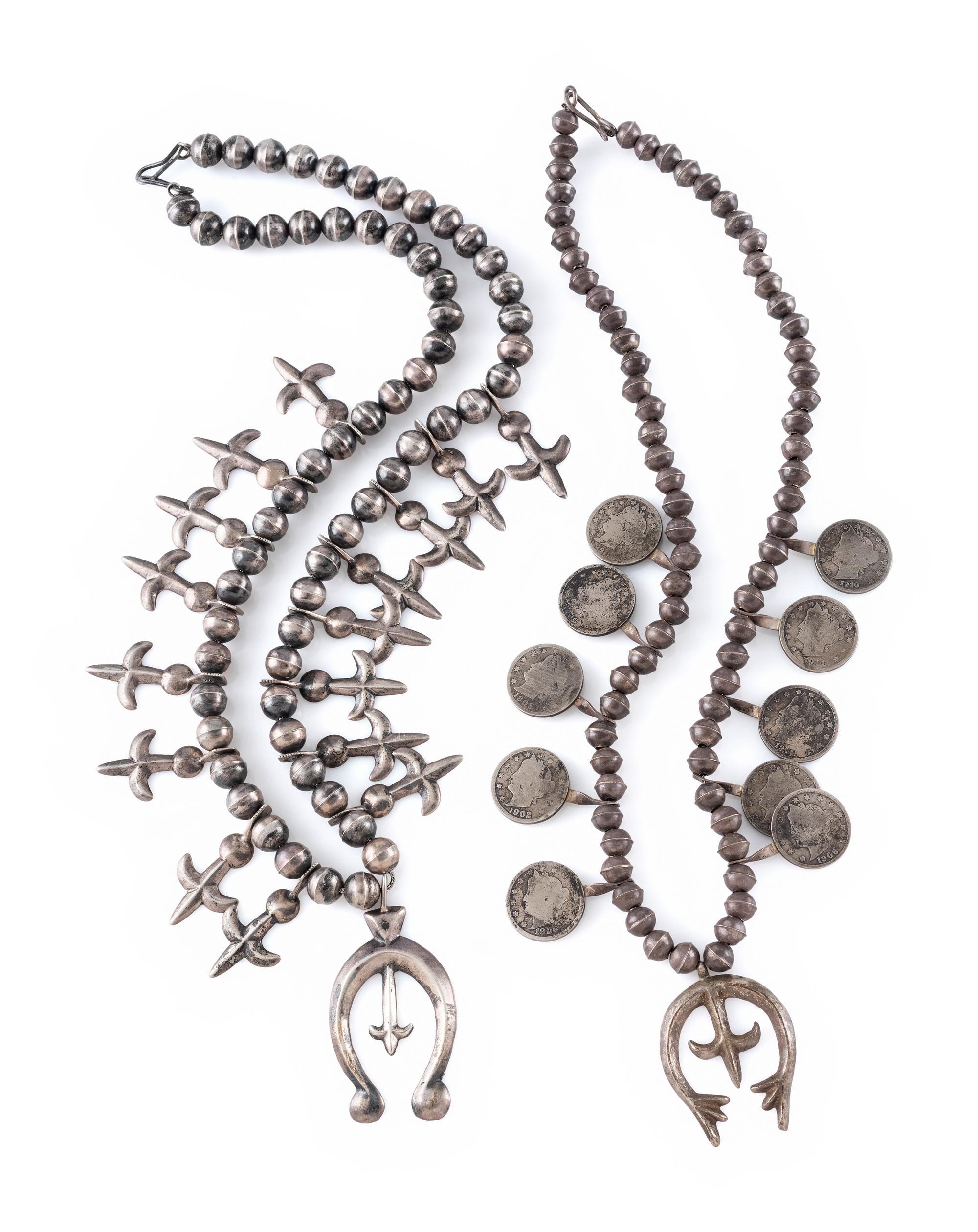 Pair of Petite Navajo Silver Squash Blossom Necklaces