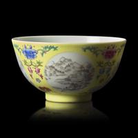 A Chinese Yellow Sgraffito Ground Famille Rose Porcelain 'Medallion' Bowl, Daoguang Mark 道光款 黃釉軋地粉彩開光節令膳盌