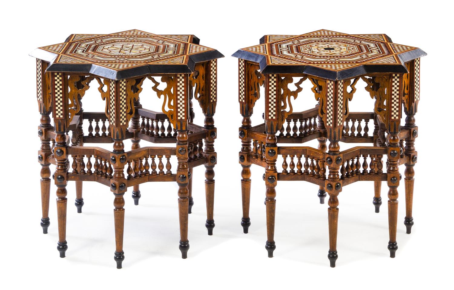 A Pair of Middle Eastern Mother-of-Pearl Inlaid Side Tables Height 24 1/8 x width 23 3/4 x depth 23 3/4 inches. — 20TH CENTURY