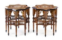 A Pair of Middle Eastern Mother-of-Pearl Inlaid Side Tables Height 24 1/8 x width 23 3/4 x depth 23 3/4 inches. — 20TH CENTURY