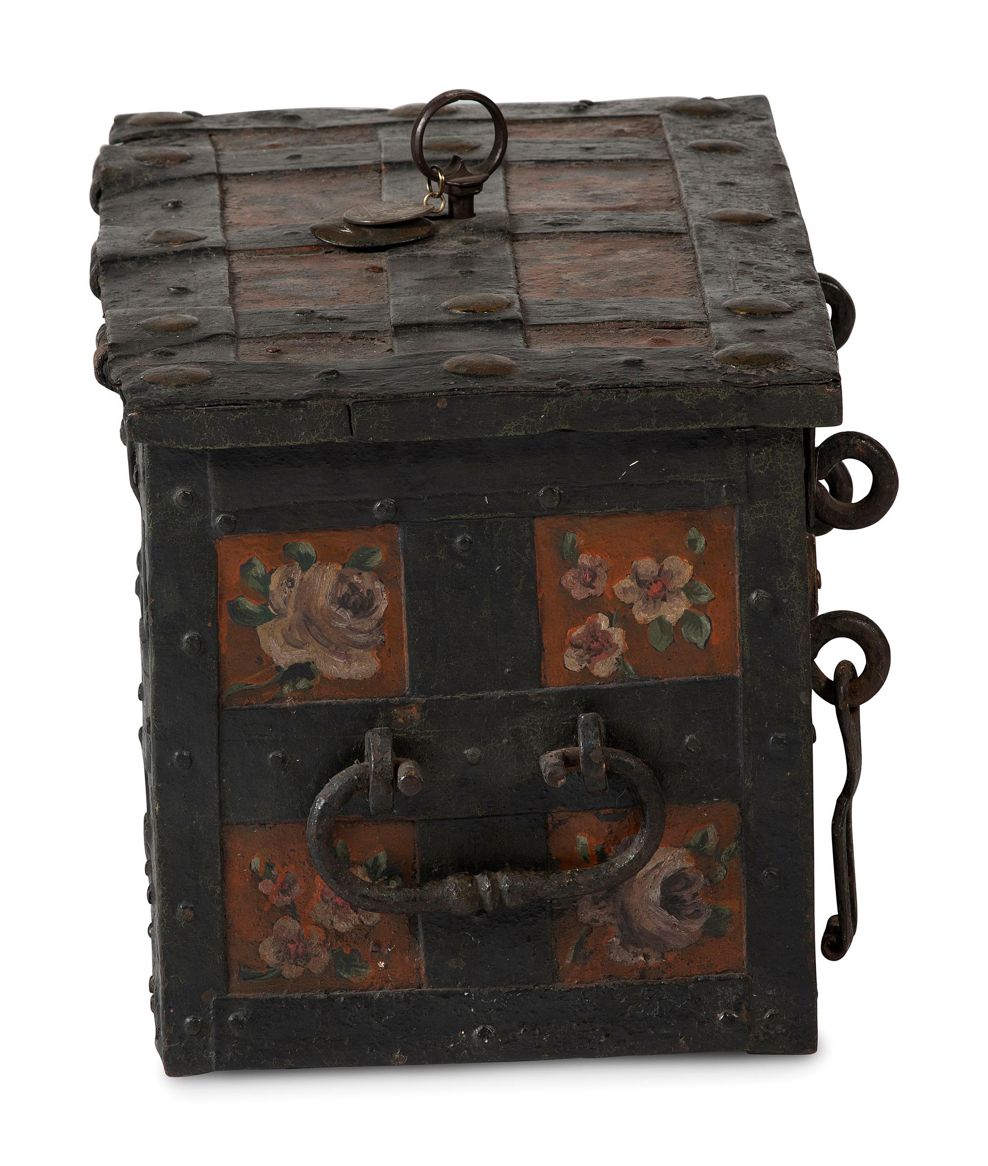 A Continental Paint-Decorated and Iron Mounted Strong Box