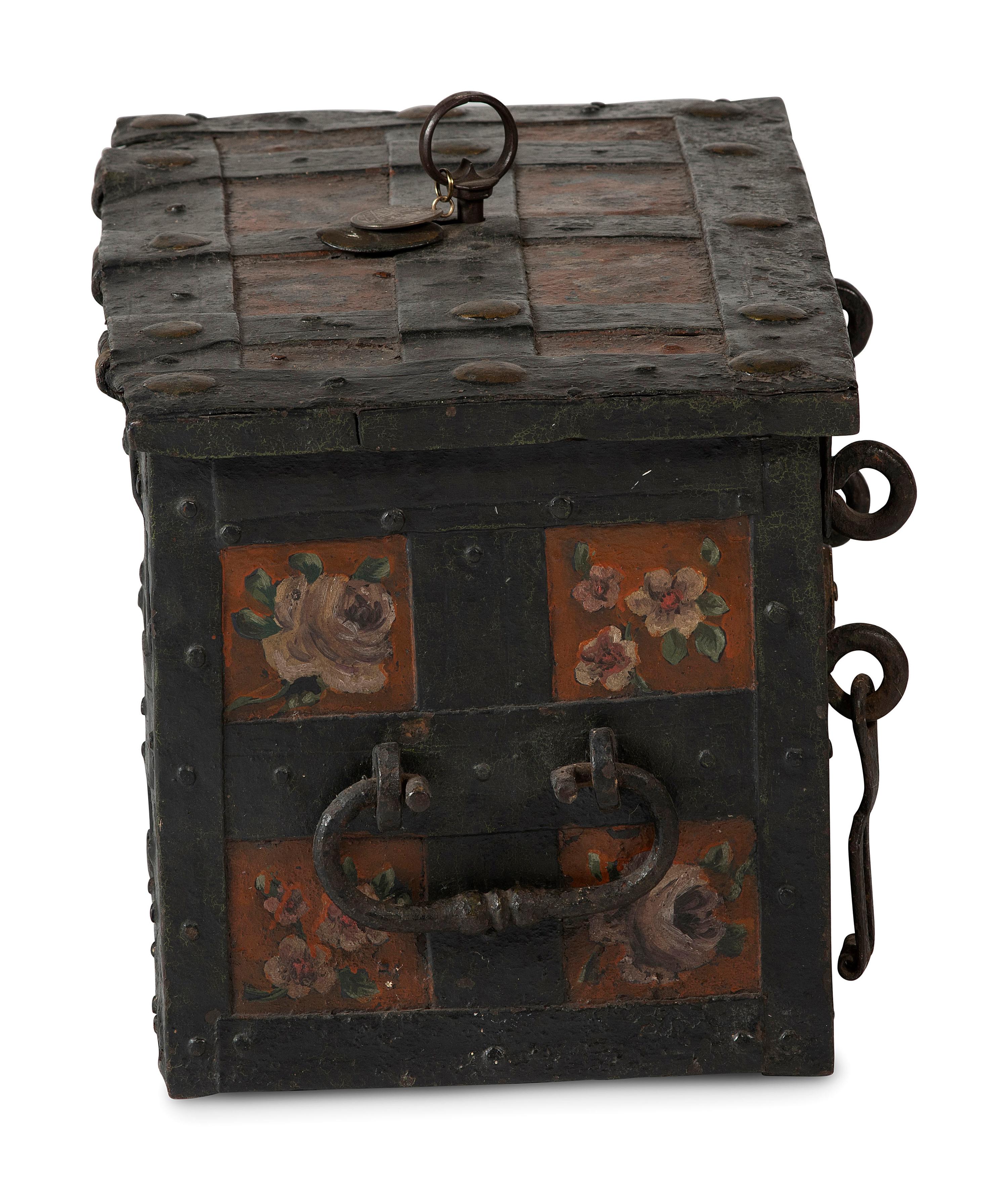 A Continental Paint-Decorated and Iron Mounted Strong Box