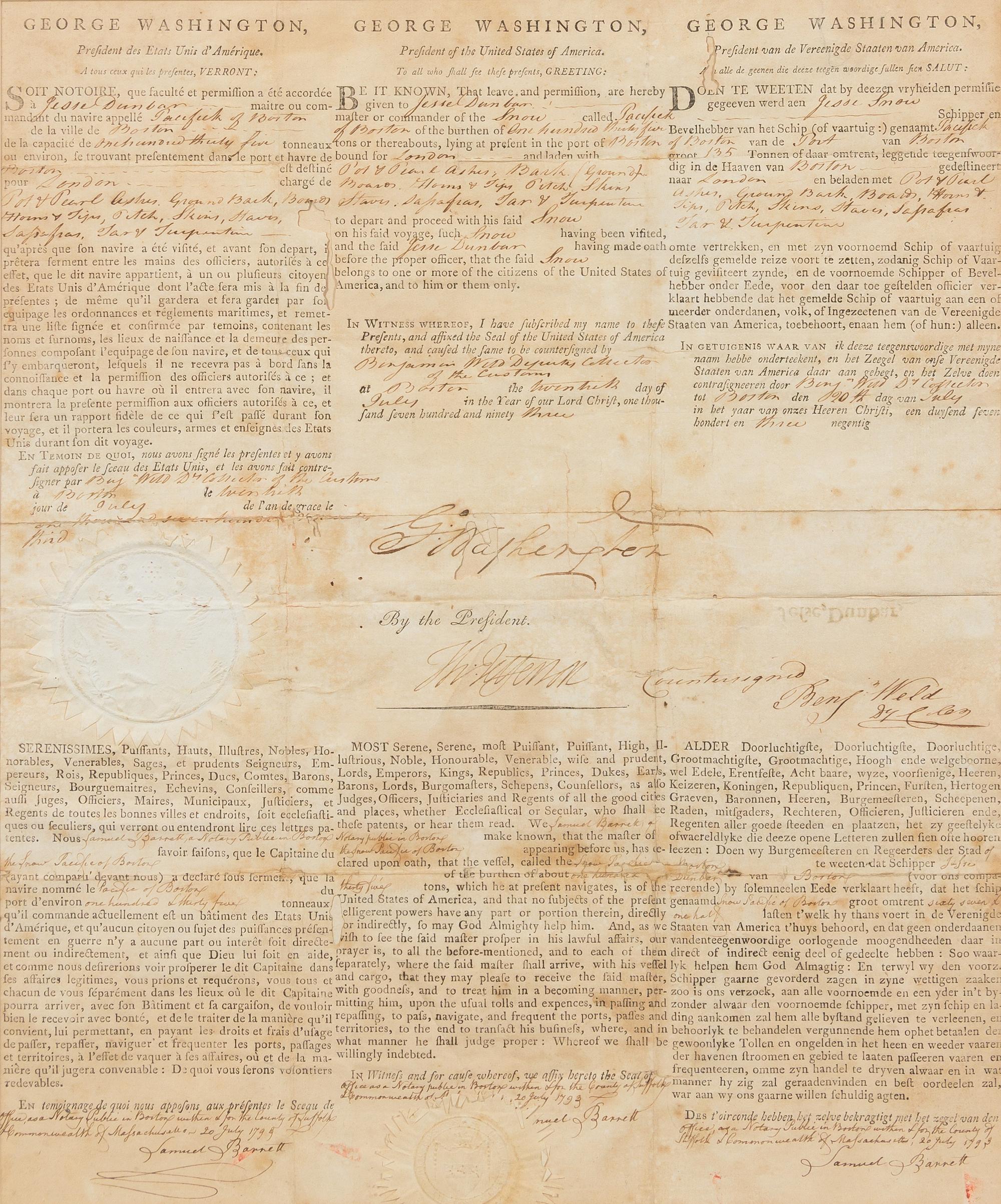 WASHINGTON, George (1732-1799) and Thomas JEFFERSON (1743-1826) Three-language ship's papers, 1795, SIGNED.