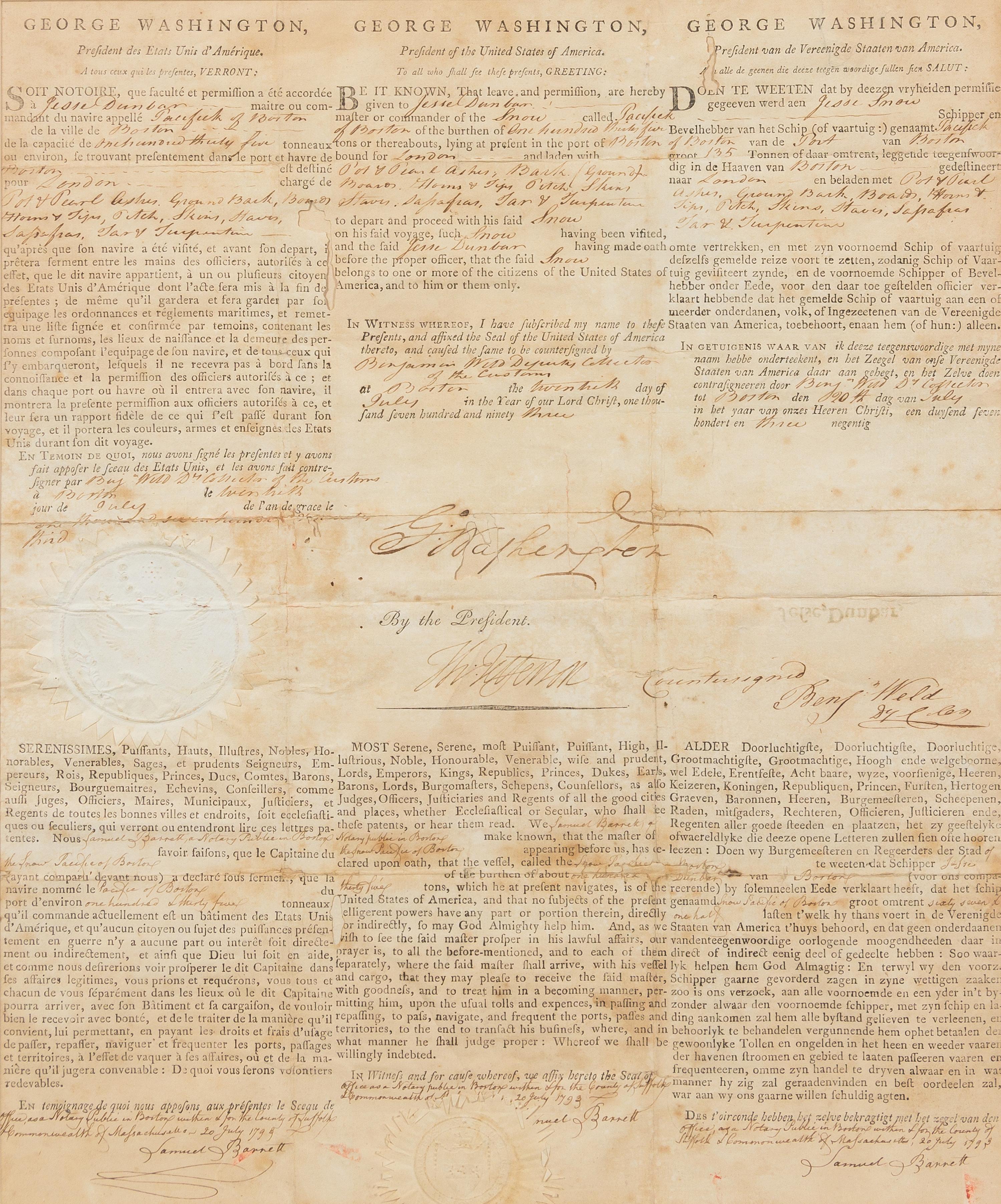 WASHINGTON, George (1732-1799) and Thomas JEFFERSON (1743-1826) Three-language ship's papers, 1795, SIGNED.