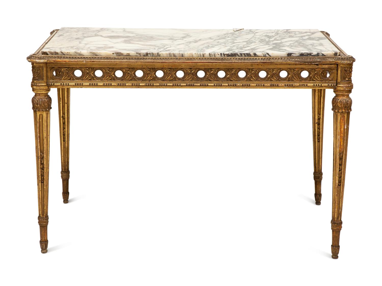 A Louis XVI Style Marble Top Giltwood Center Table