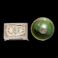 Two Chinese Silver Mounted Jade Articles 銀鑲玉把件兩種