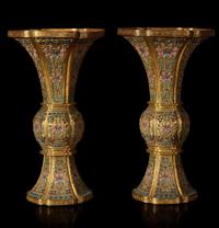 An exceptional pair of Chinese champlevé cloisonné enamel gilt metal gu-form vases 铜鎏金锤鍱珐琅花觚一对 18th/19th century ???????