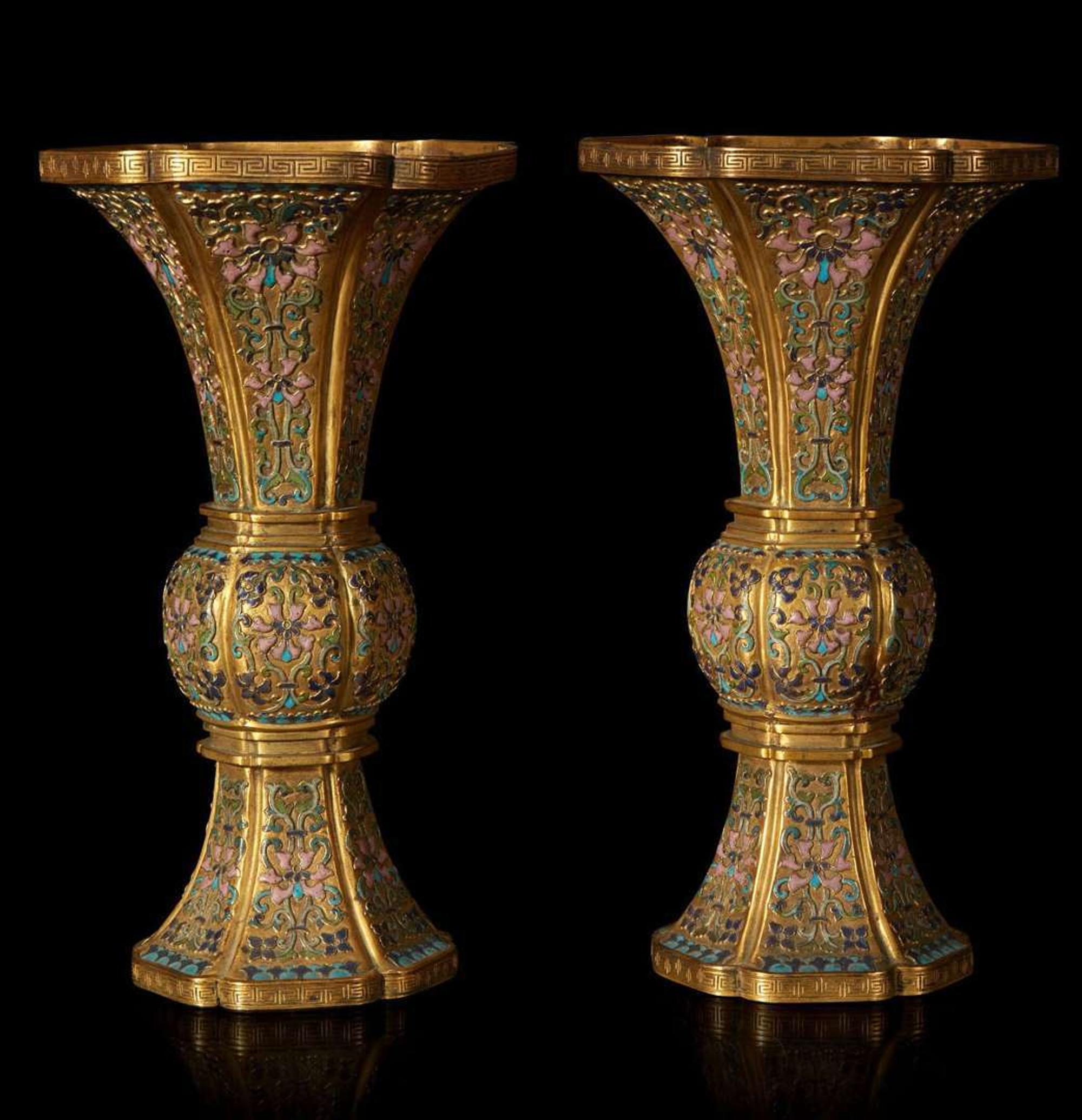 An exceptional pair of Chinese champlevé cloisonné enamel gilt metal gu-form vases 铜鎏金锤鍱珐琅花觚一对 18th/19th century ???????