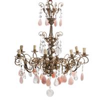 An Italian Silvered Metal, Rock Crystal and Rose Quartz Eight-Light Chandelier