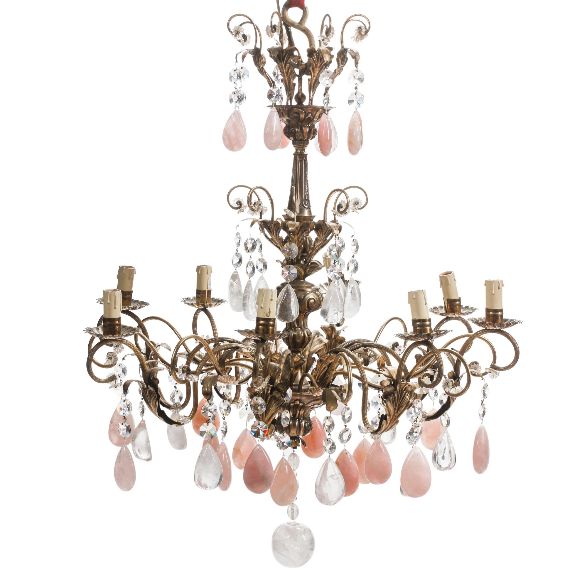 An Italian Silvered Metal, Rock Crystal and Rose Quartz Eight-Light Chandelier