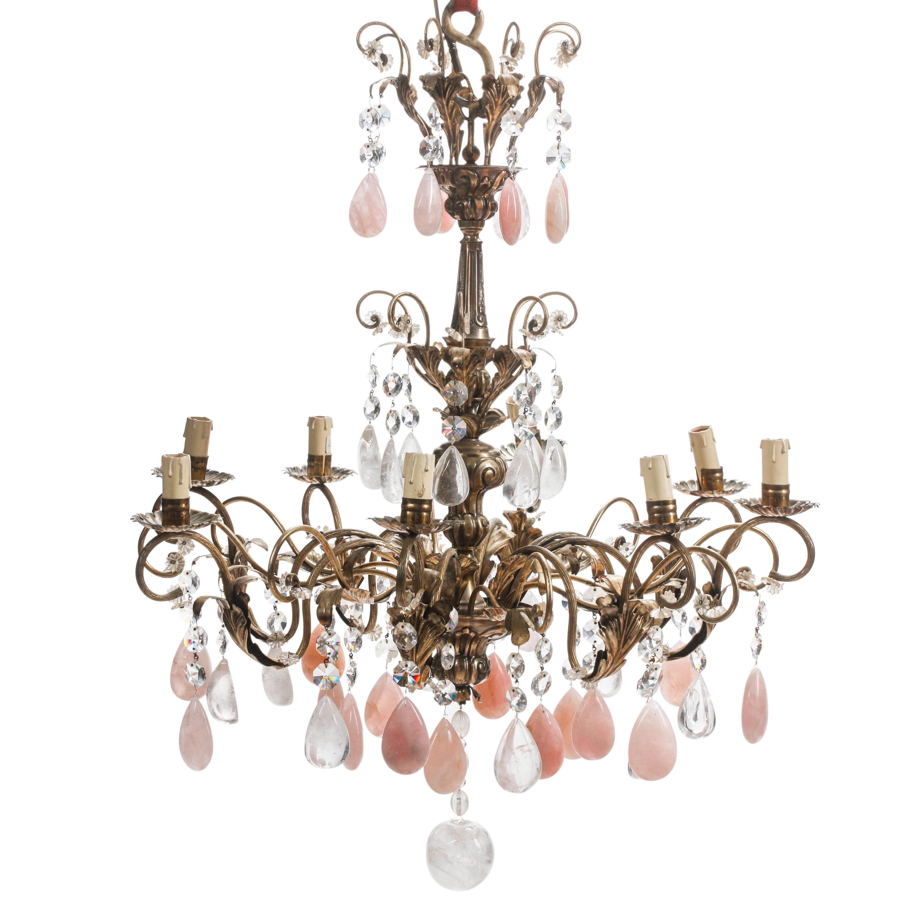 An Italian Silvered Metal, Rock Crystal and Rose Quartz Eight-Light Chandelier