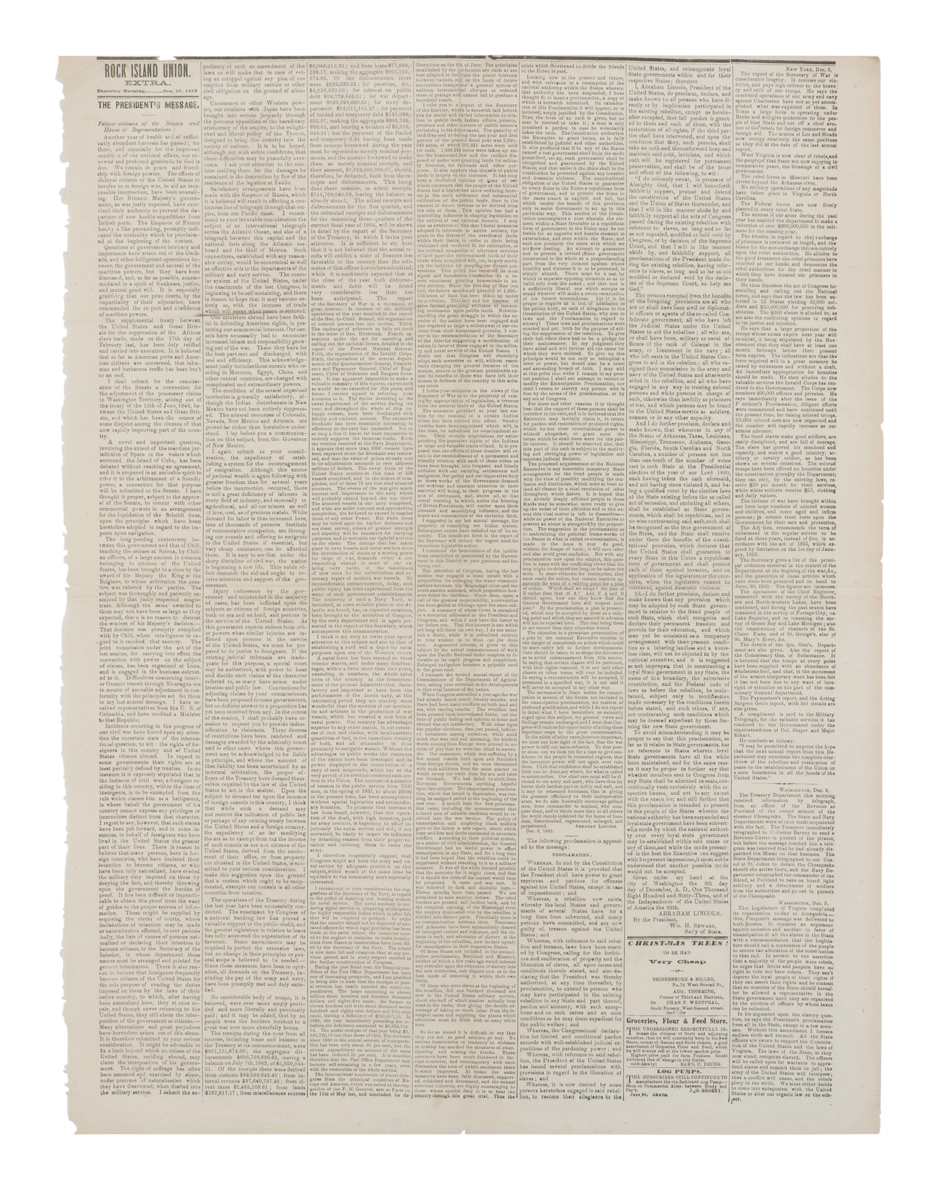 LINCOLN, Abraham (1809-1865). Rock Island Union Extra . Rock Island, IL, 10 December 1863.