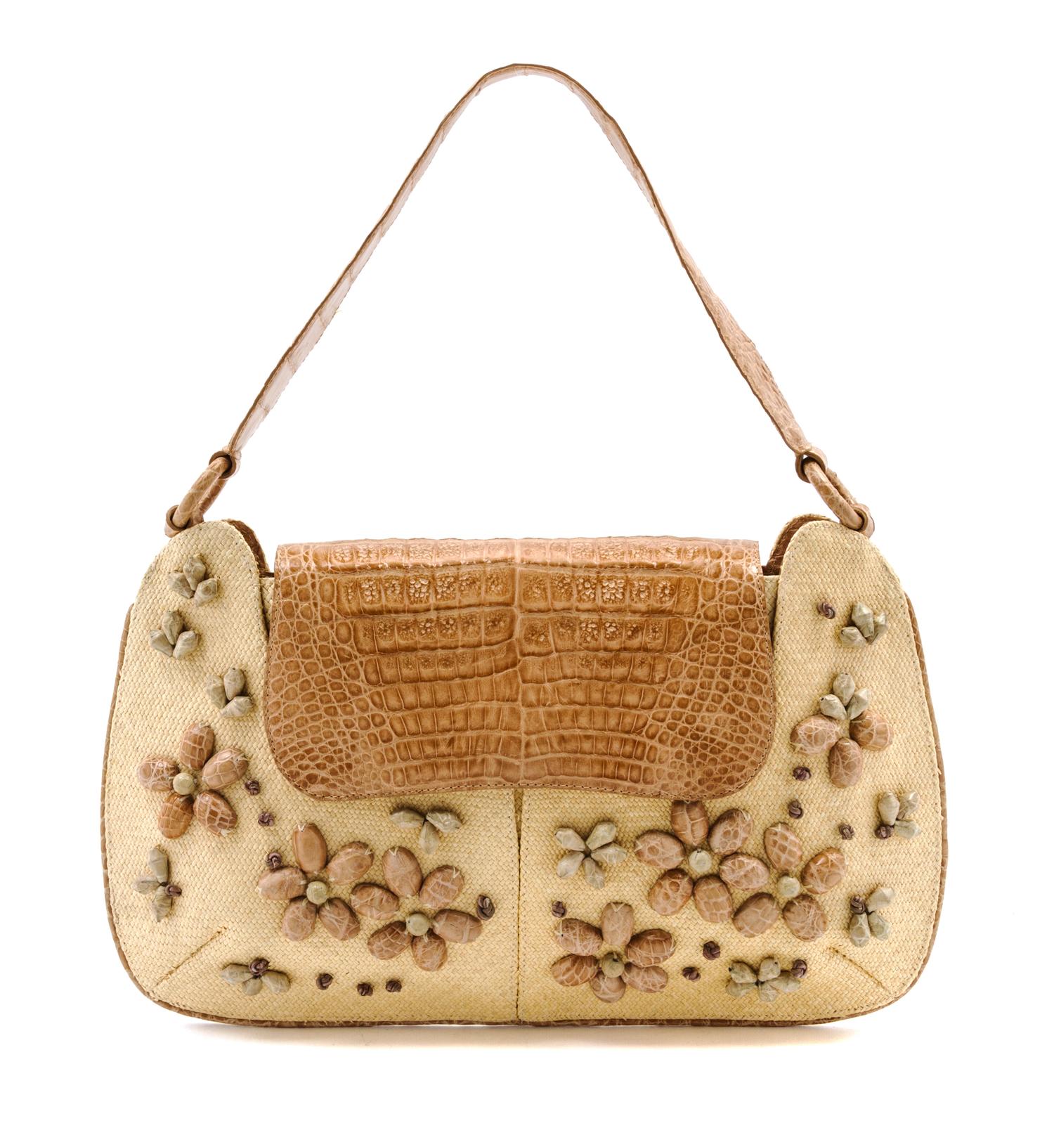 A Nancy Gonzalez Tan Crocodile and Wicker Bag, 12 1/2 x 7 x 1 1/2 inches.