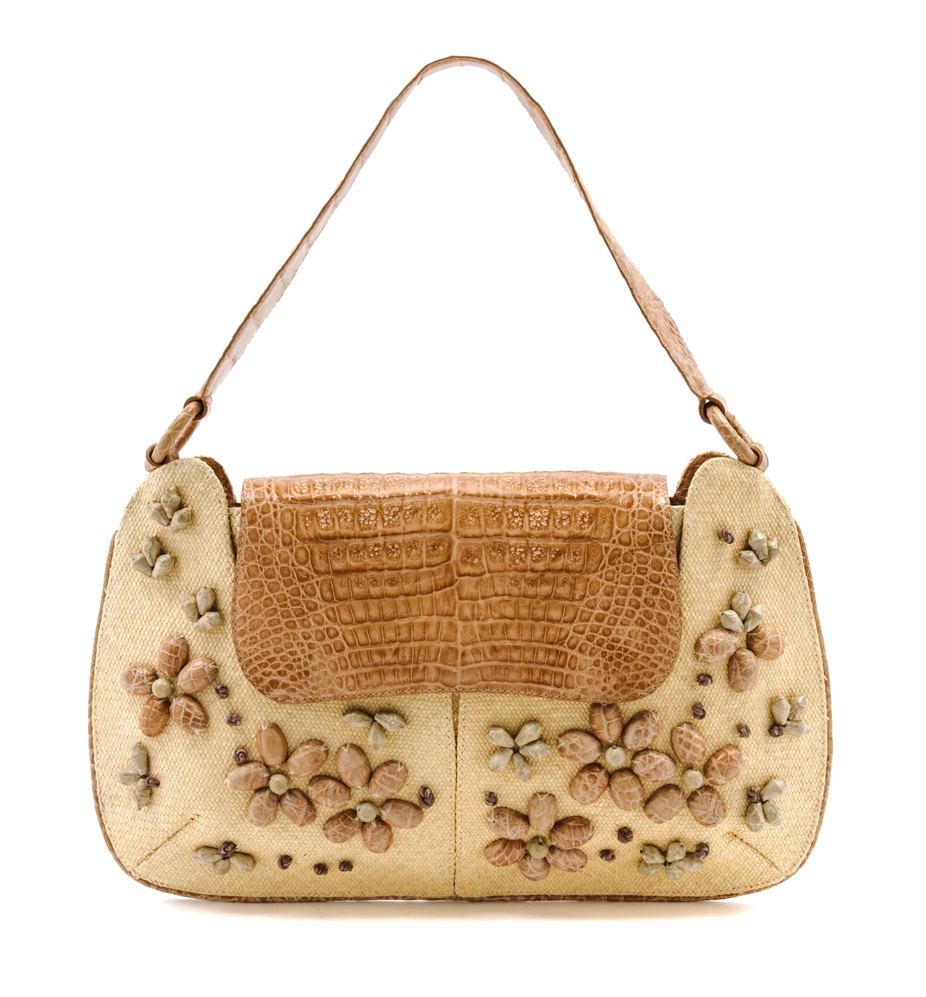 A Nancy Gonzalez Tan Crocodile and Wicker Bag, 12 1/2 x 7 x 1 1/2 inches.
