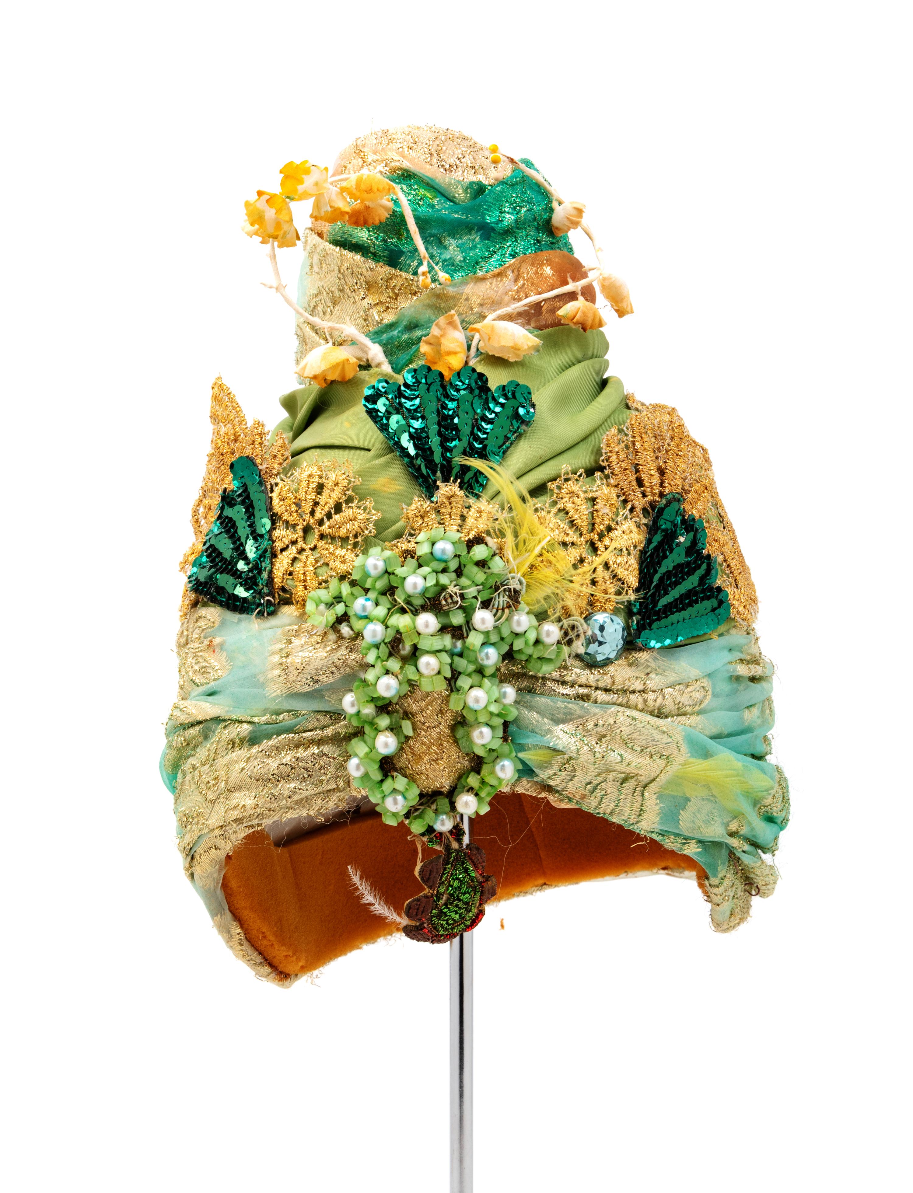 A Lyric Opera Green Gold Clown Costume and Hat, 1976 No size label