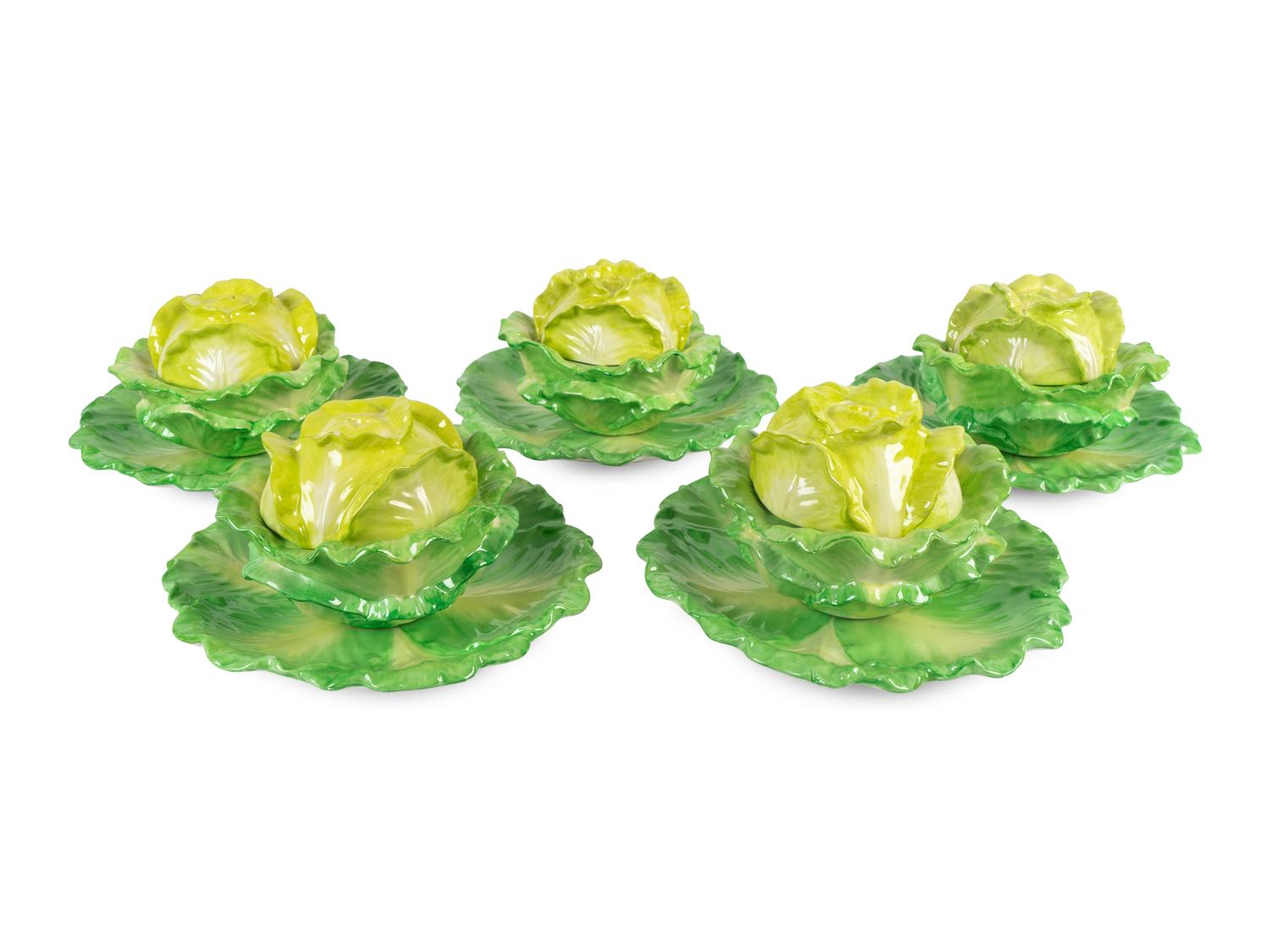A Set of 21 Mottahedeh Stately Homes Porcelain Lettuce Boxes and Stands — 20TH CENTURY