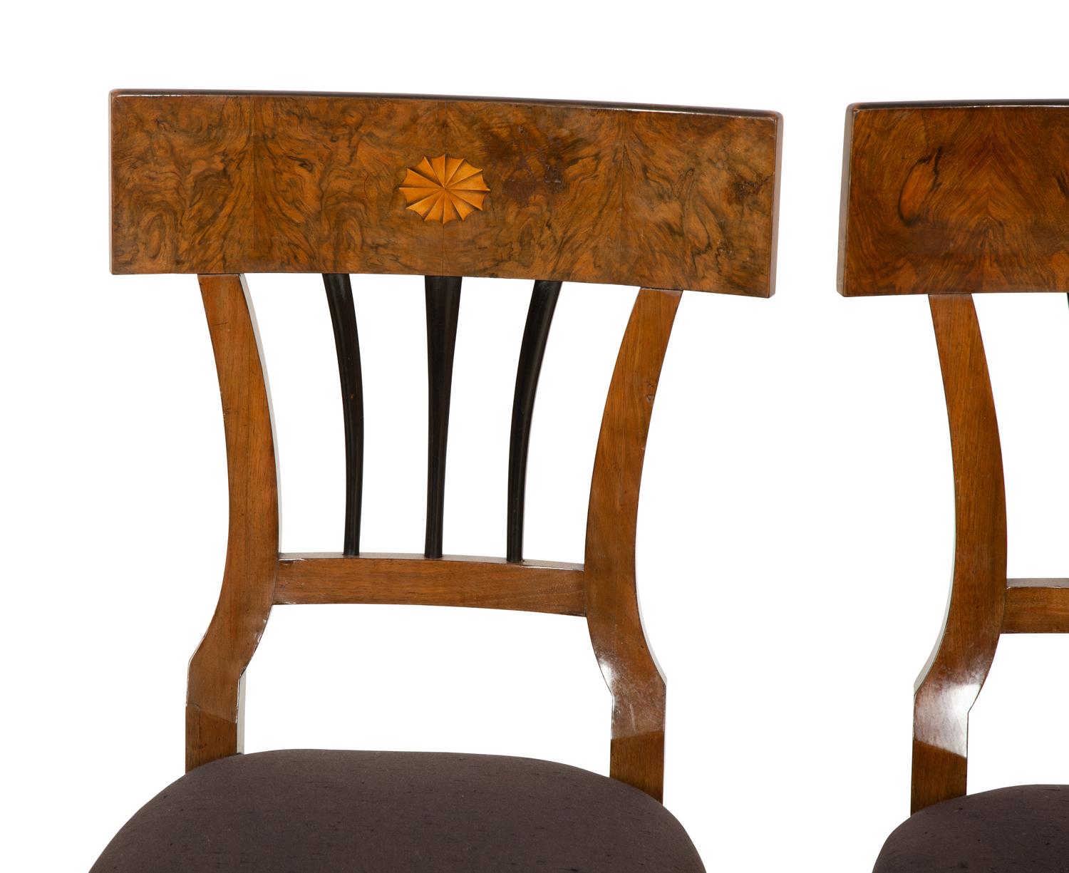 A Set of Four Biedermeier Fruitwood Inlaid Walnut Dining Chairs