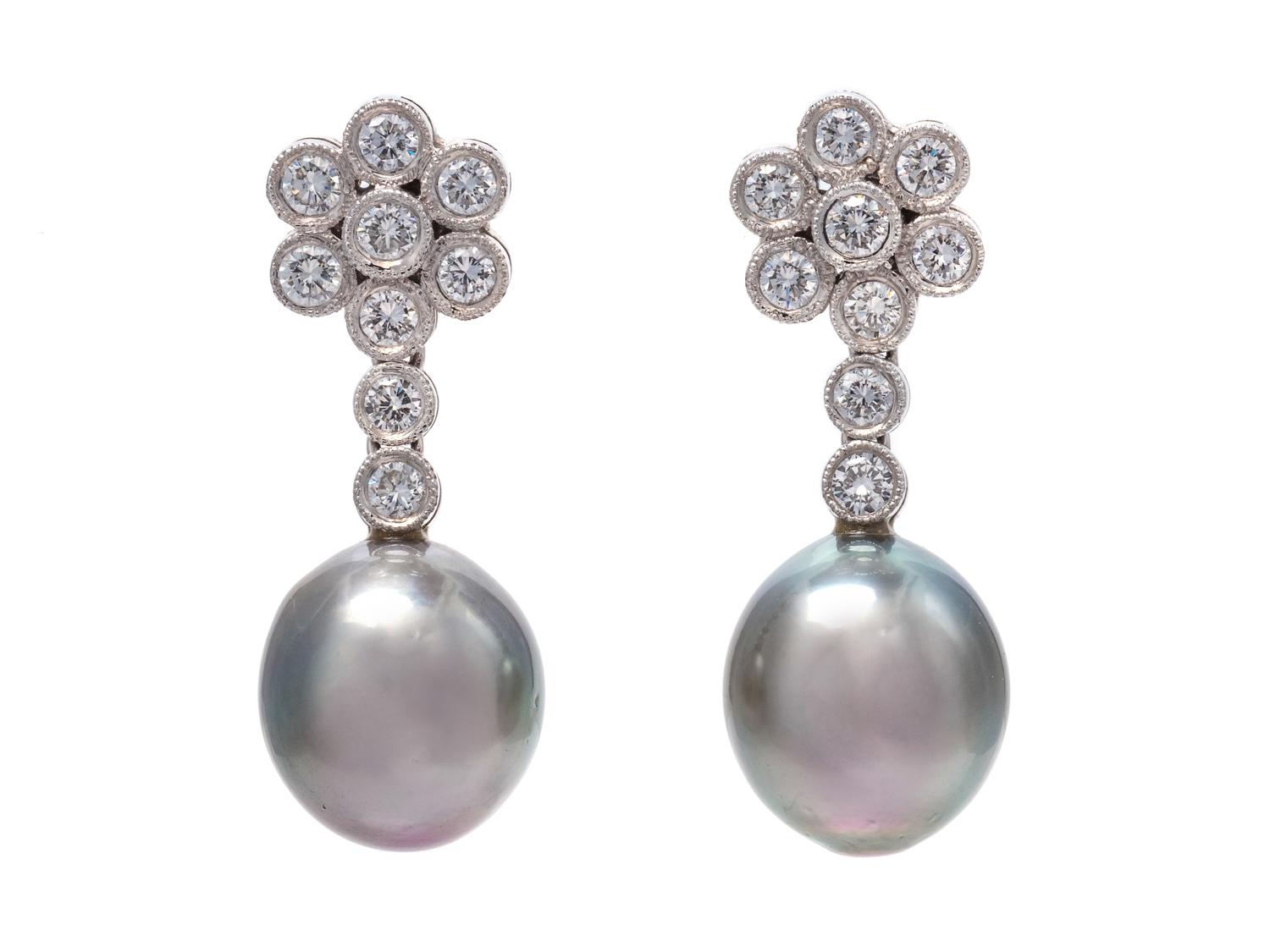 A Pair of White Gold, Cultured Tahitian Pearl and Diamond Earrings,