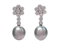 A Pair of White Gold, Cultured Tahitian Pearl and Diamond Earrings,