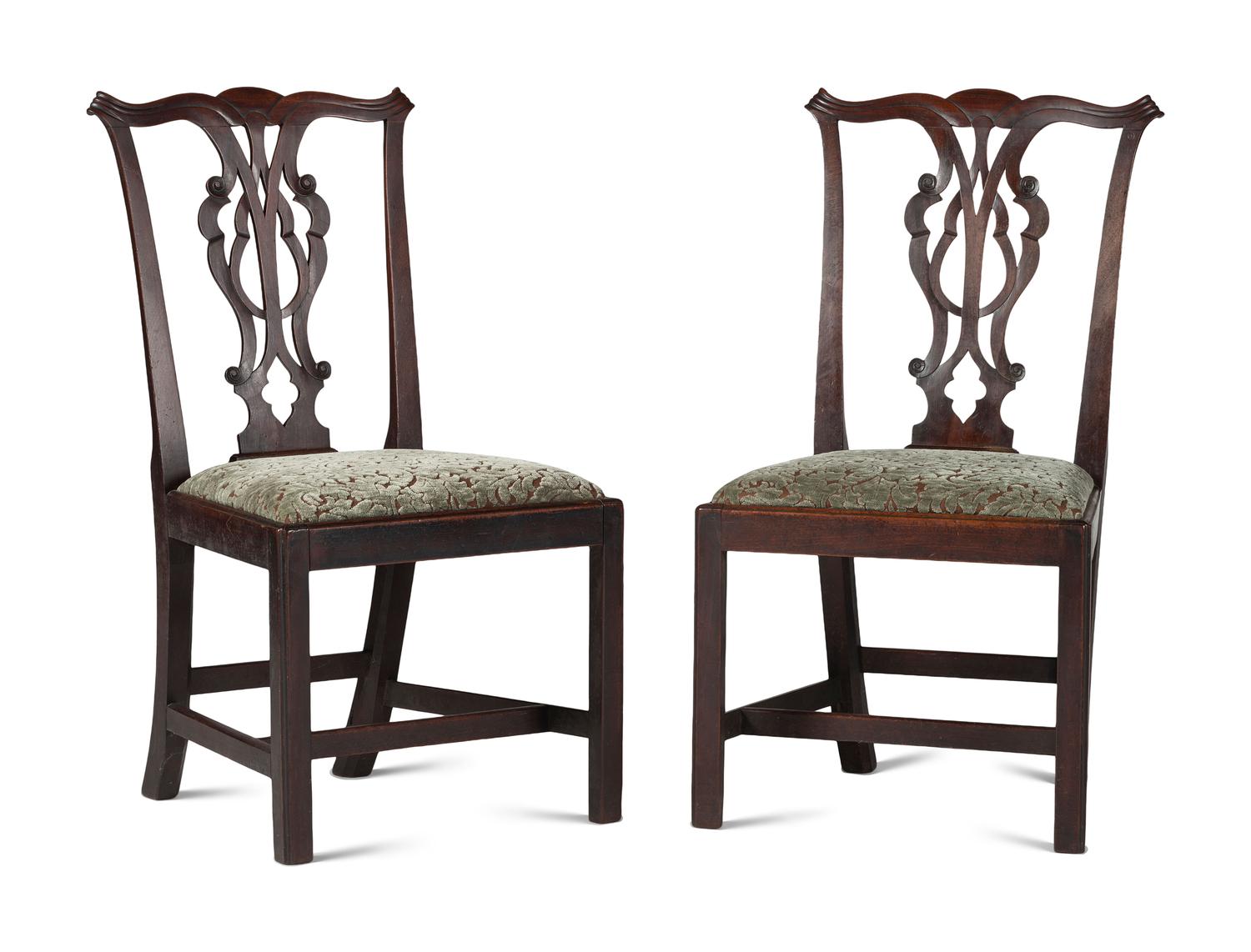 A Pair of Chippendale Volute-Carved Mahogany Side Chairs