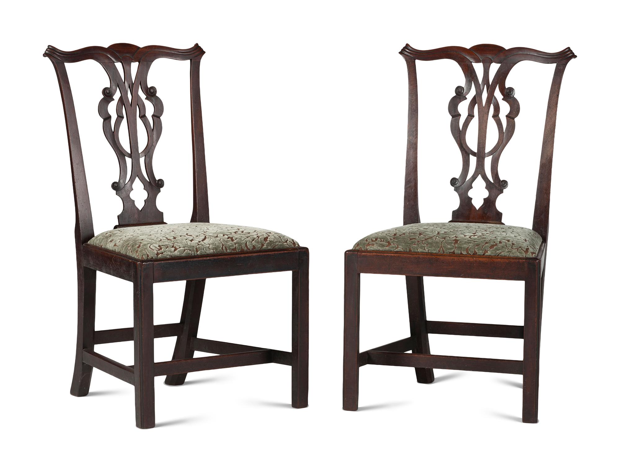 A Pair of Chippendale Volute-Carved Mahogany Side Chairs