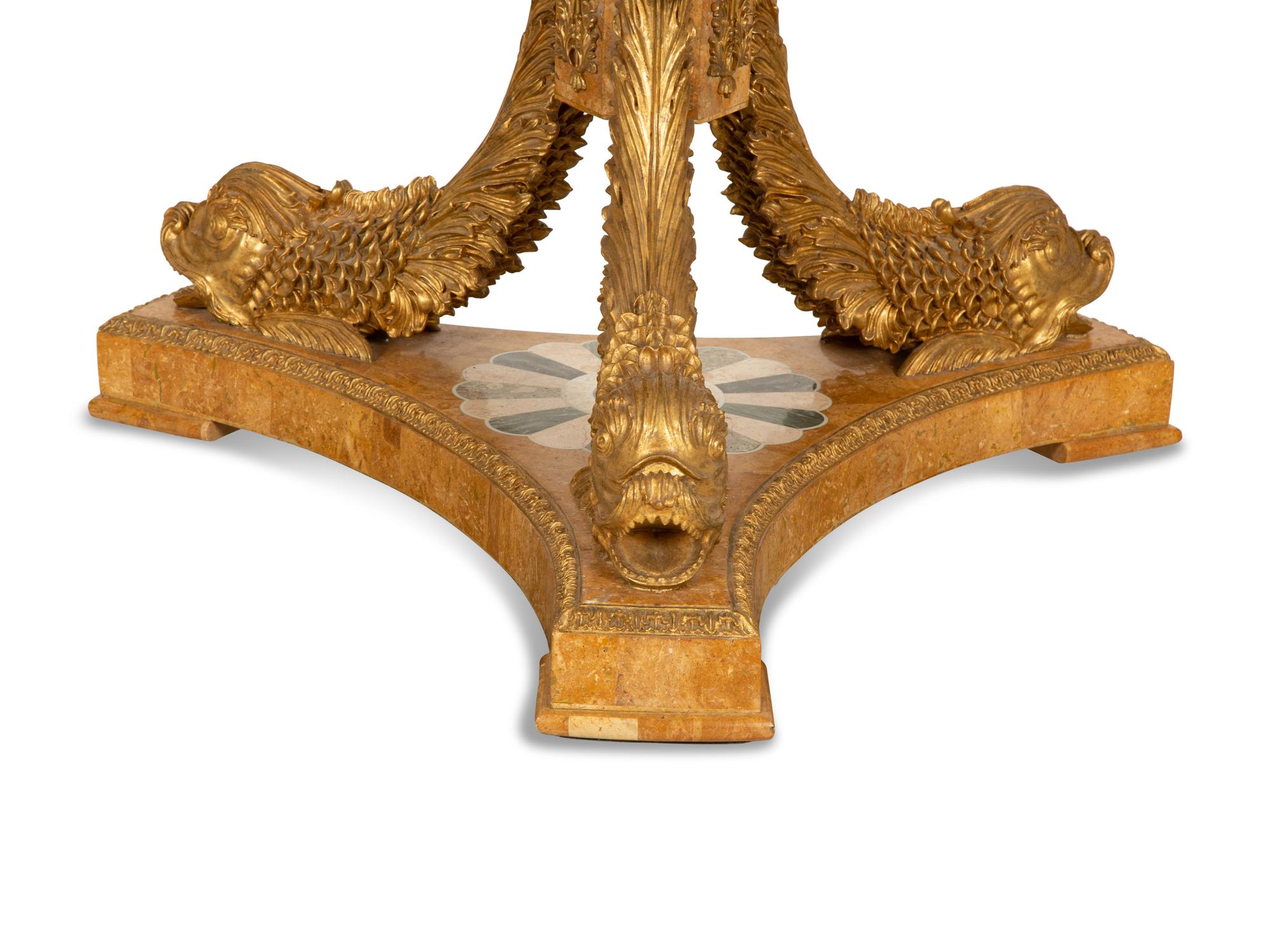 An Italian Design Pietra Dura Center Table with Carved Giltwood Dolphin Base