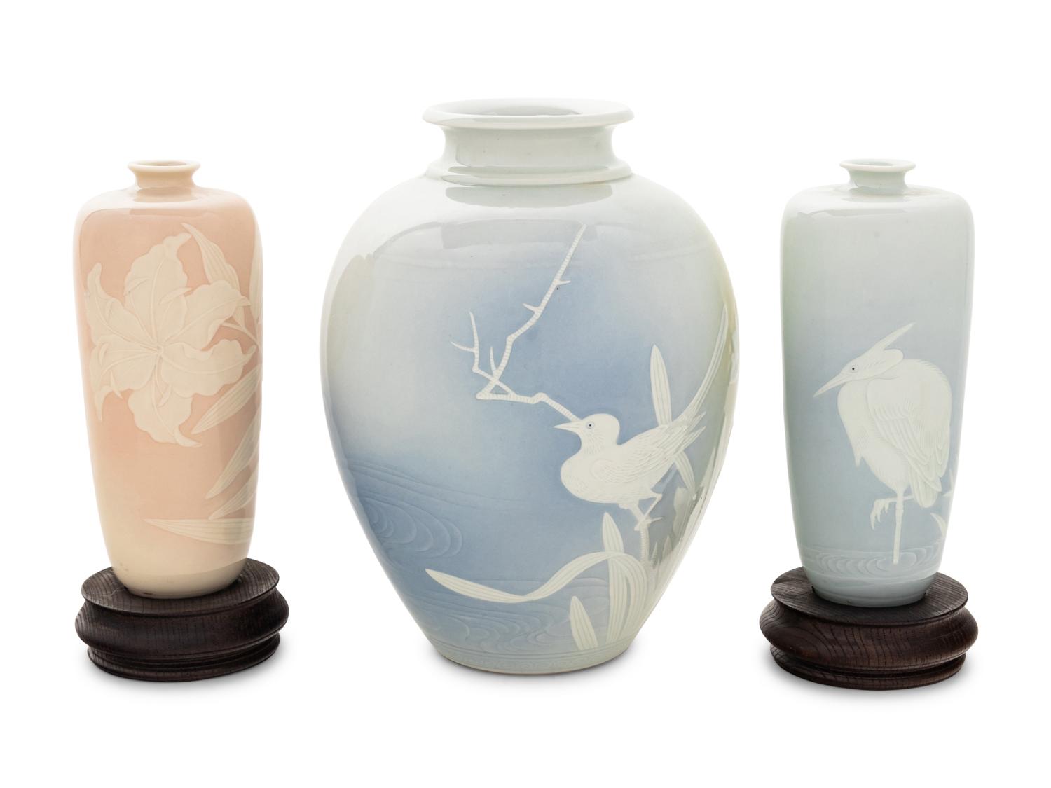 Three Japanese Slip-Decorated Porcelain Vases