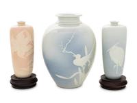 Three Japanese Slip-Decorated Porcelain Vases