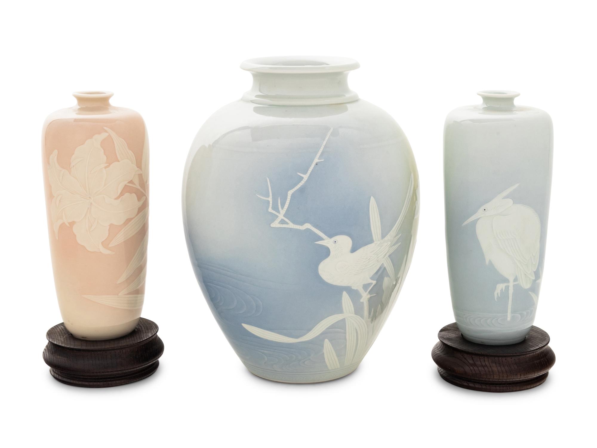 Three Japanese Slip-Decorated Porcelain Vases