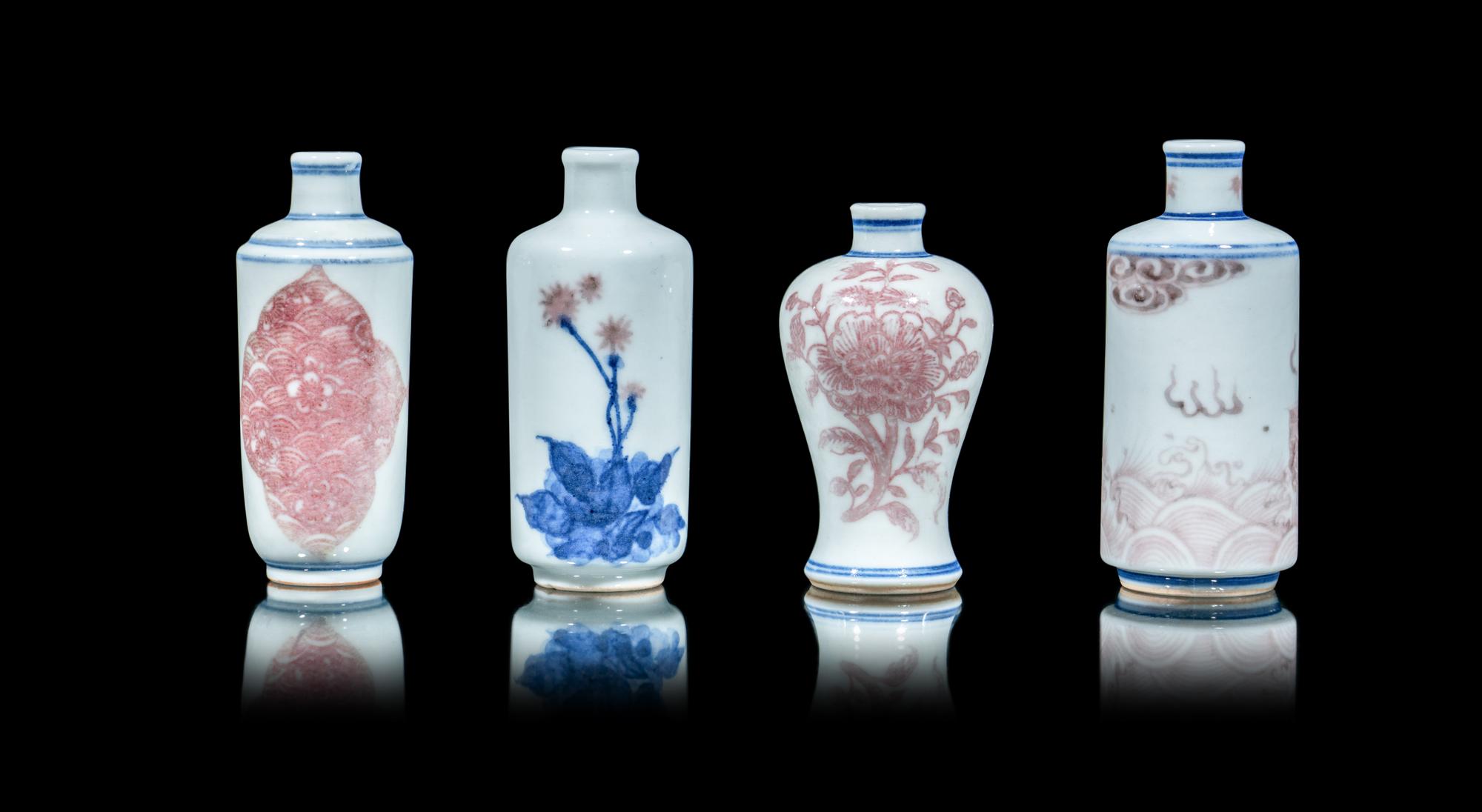 Four Chinese Copper Red Decorated Blue and White Snuff Bottles