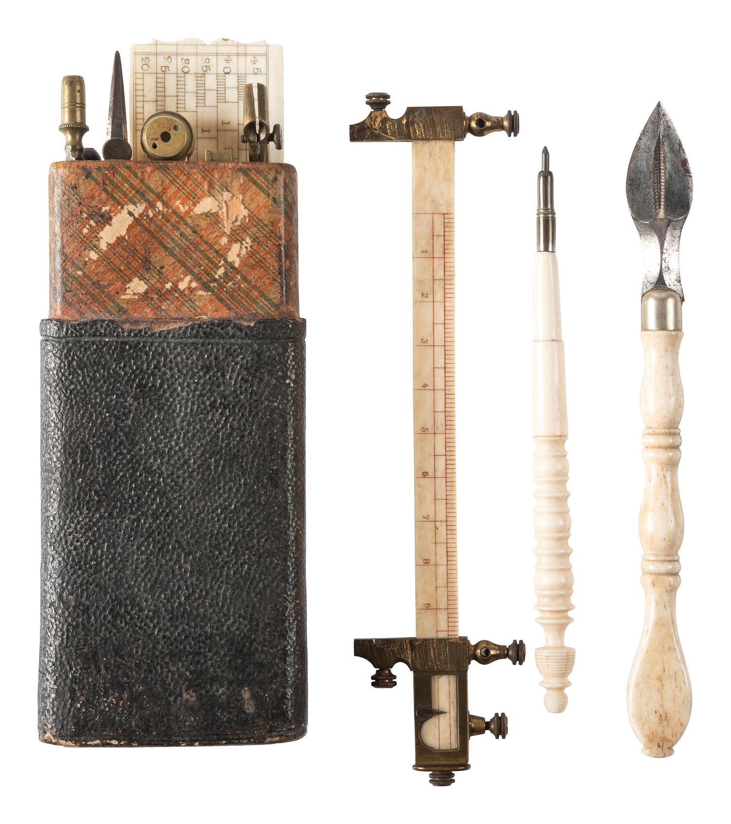 [TOOLS & INSTRUMENTS]. Pocket drafting set with bone beam compass, mechanical pencil, and drafting eraser/sharpener. Ca late 18th-early 19th century.
