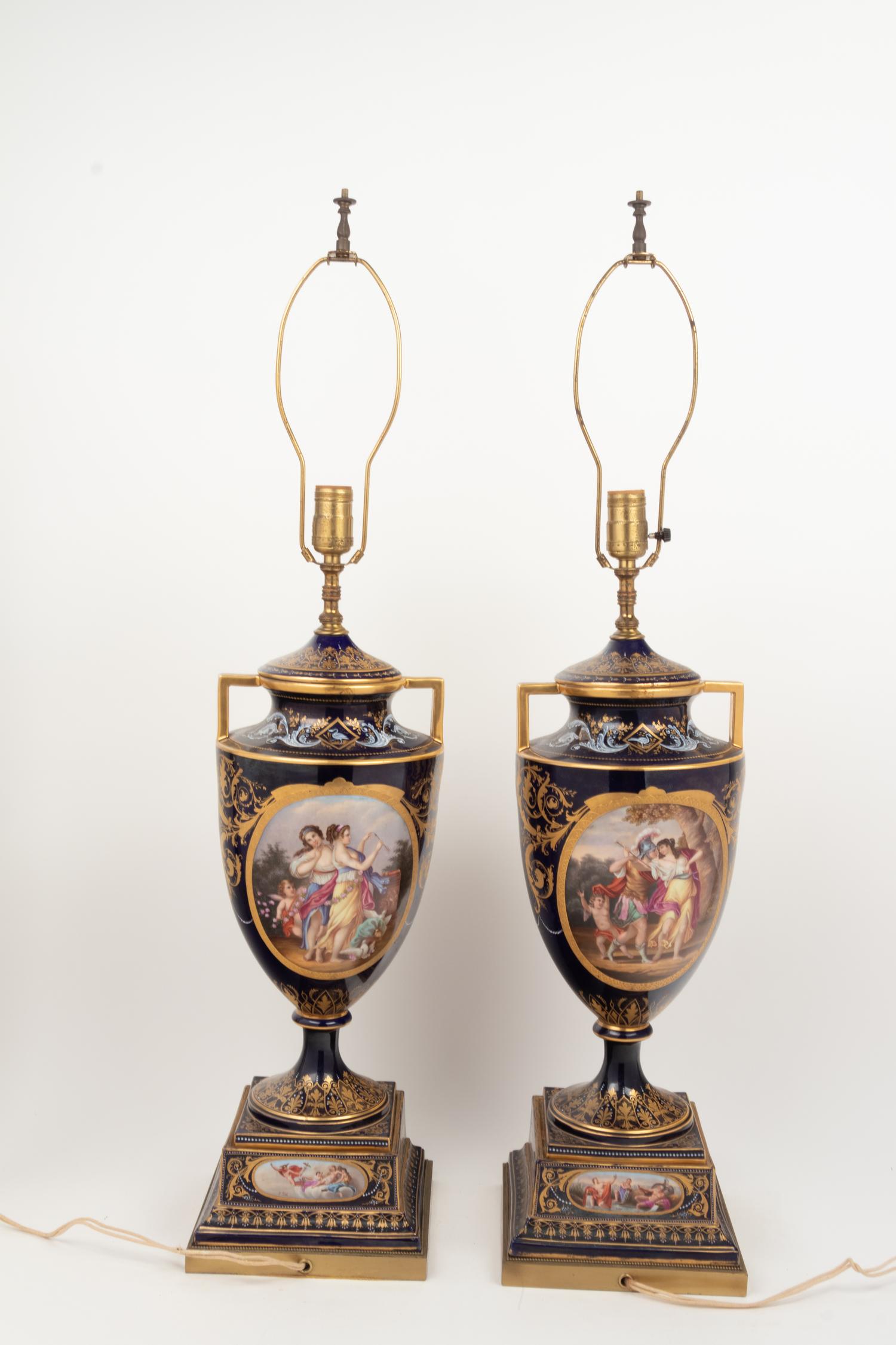 A Pair of Vienna Porcelain Urns Mounted as Lamps