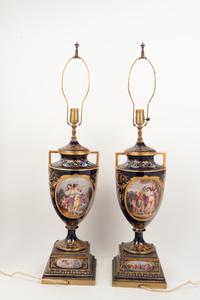 A Pair of Vienna Porcelain Urns Mounted as Lamps