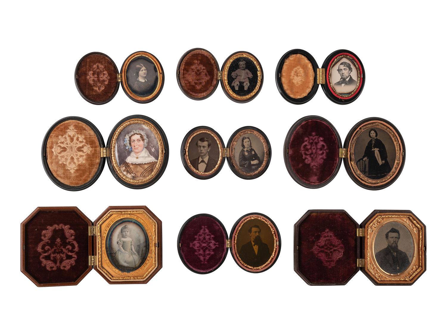 [EARLY PHOTOG.]. 23 oval & octagonal Union cases, incl. sixteenth, ninth, & sixth plate examples.