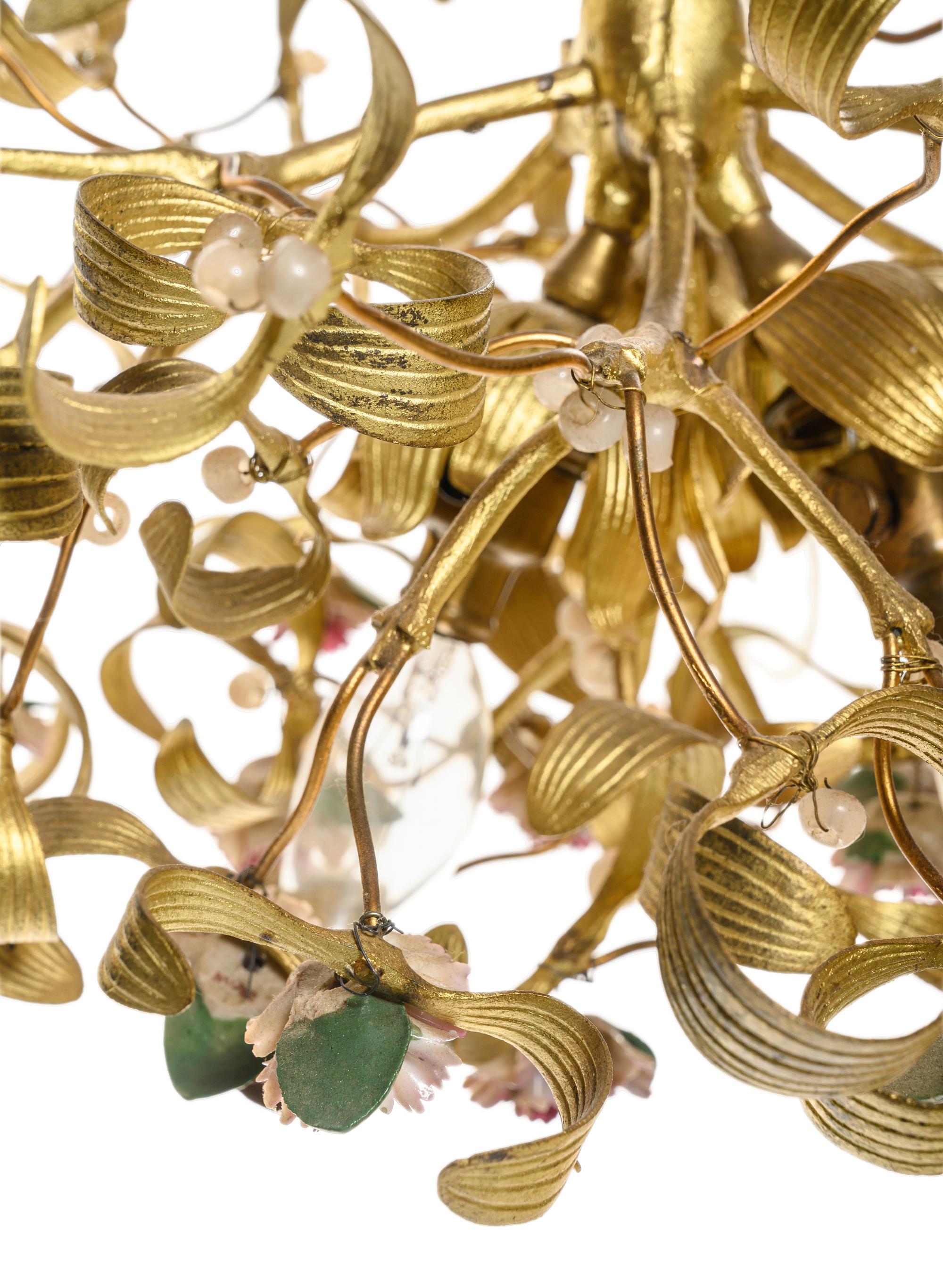 A Gilt Metal and Porcelain Three-Light Chandelier