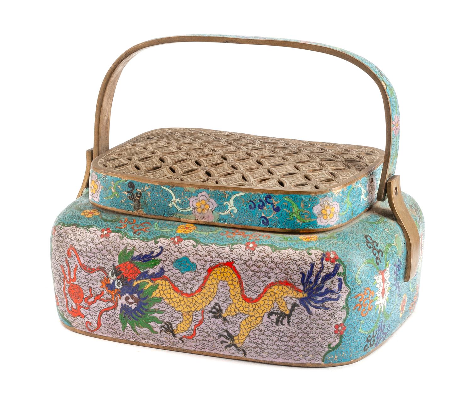 A Chinese Cloisonne Covered Basket Height 6 1/2 x width 13 inches.
