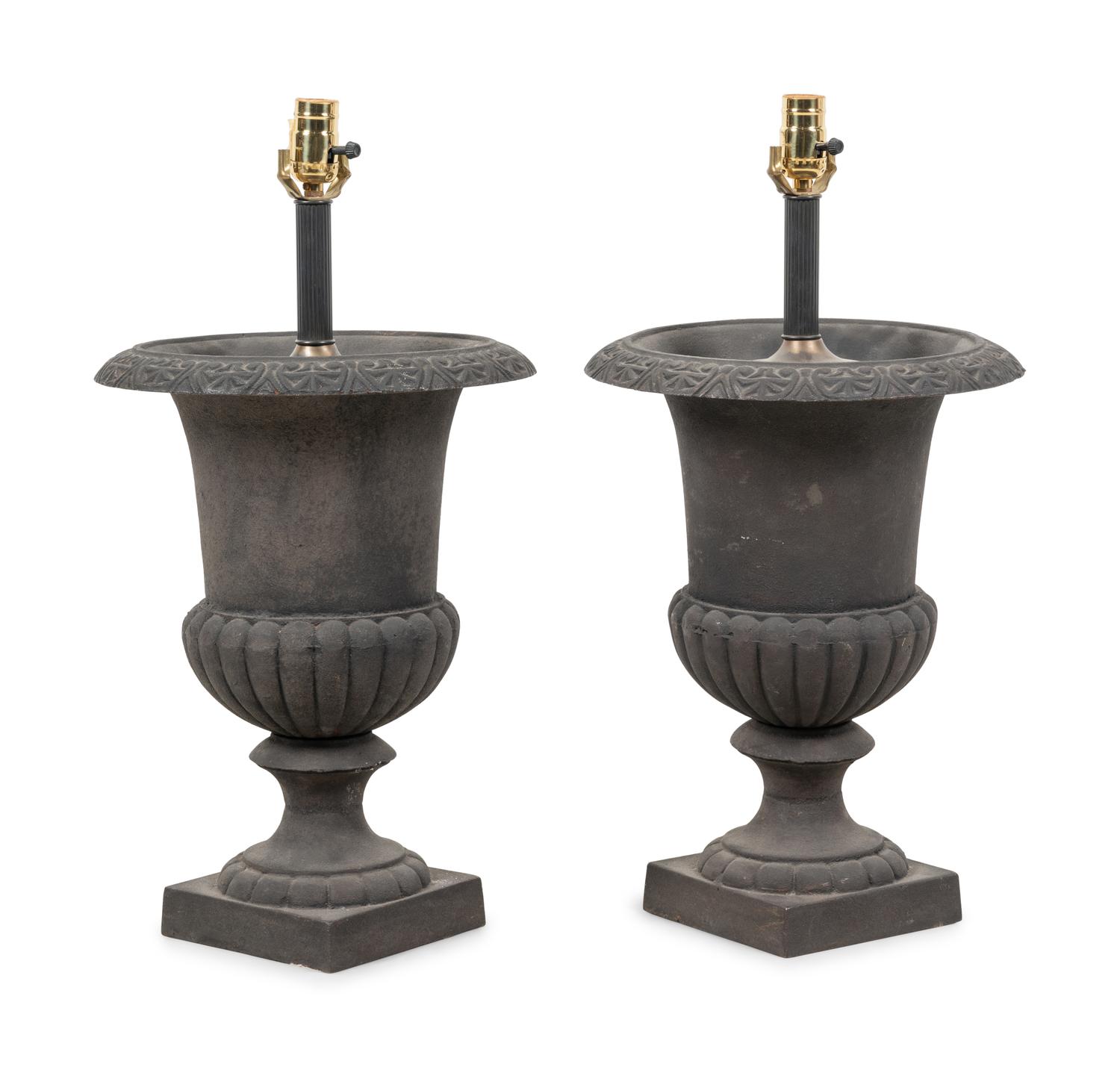 A Pair of Painted Cast Iron Garden Urns Mounted as Lamps