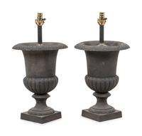 A Pair of Painted Cast Iron Garden Urns Mounted as Lamps