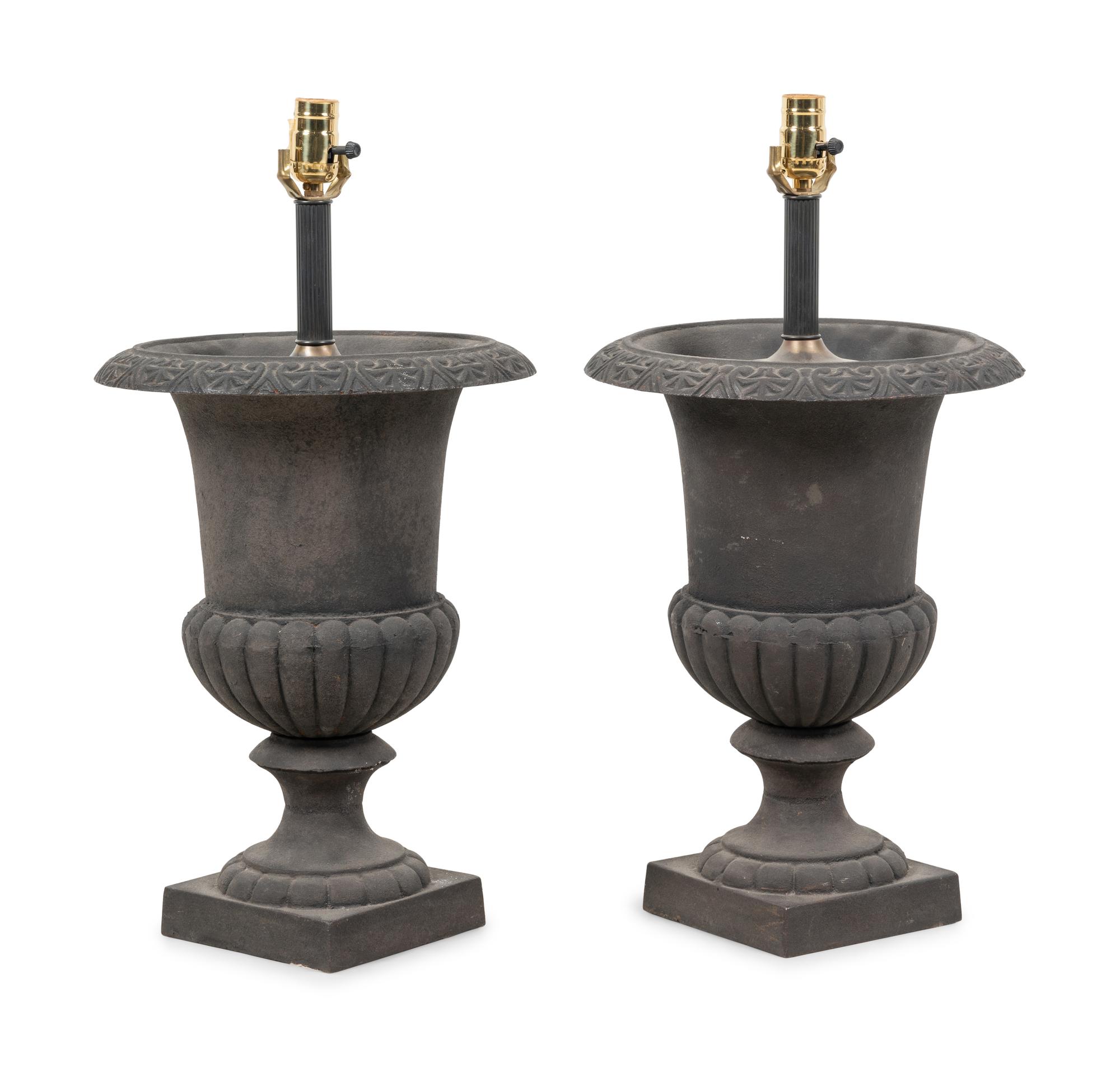 A Pair of Painted Cast Iron Garden Urns Mounted as Lamps