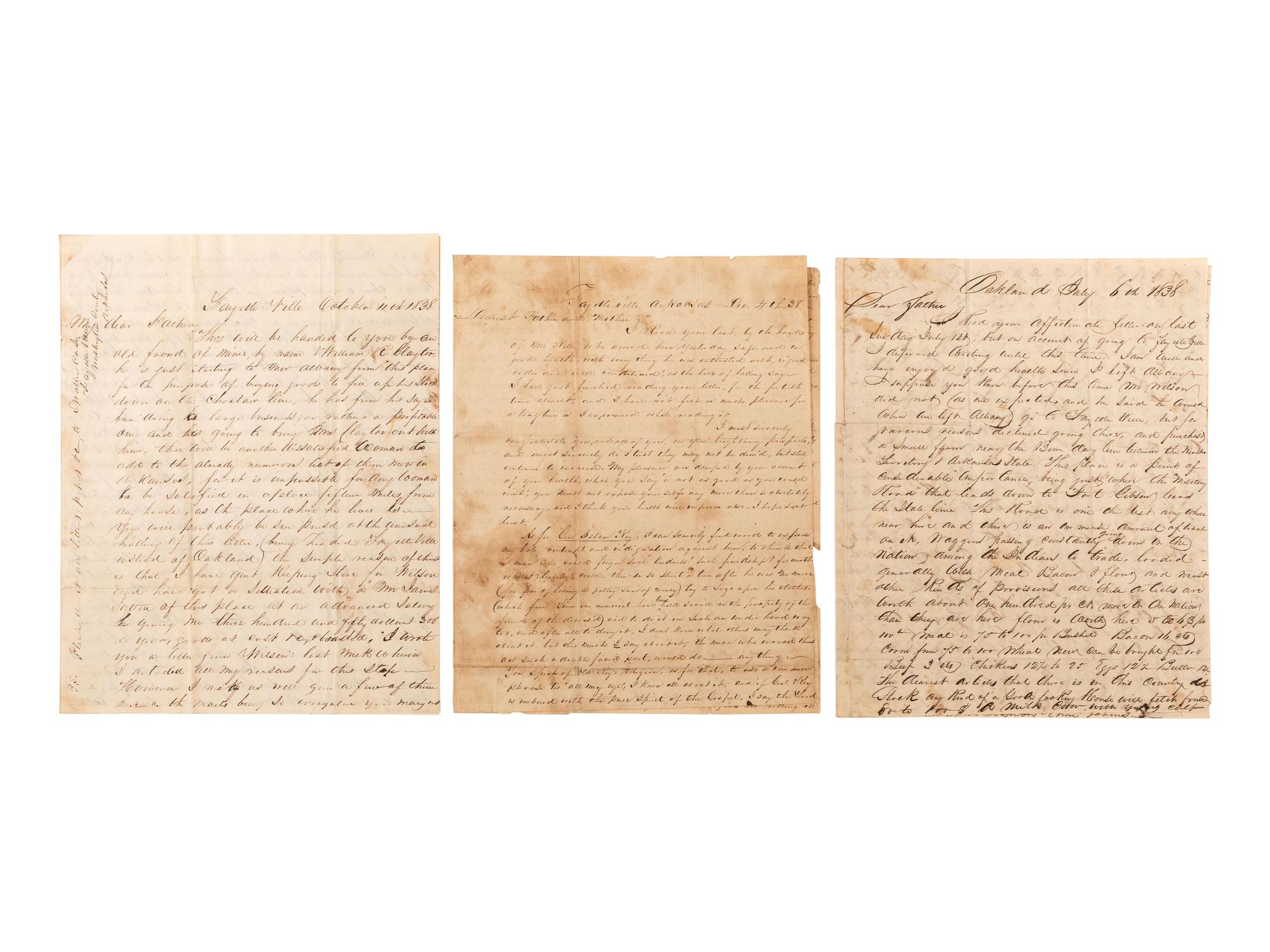 [WESTERN AMERICANA - NATIVE AMERICANS]. A group of 8 letters written by Stuart W. Case (1819-1879), most from Fayetteville, Arkansas, describing the Cherokee and forced emigration on the "Trail of Tears." Ca 1838-1840.