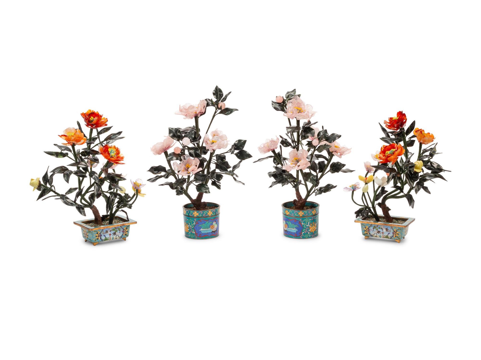 Two Pairs of Chinese Export Carved Hardstone Trees on Cloisonné Bases