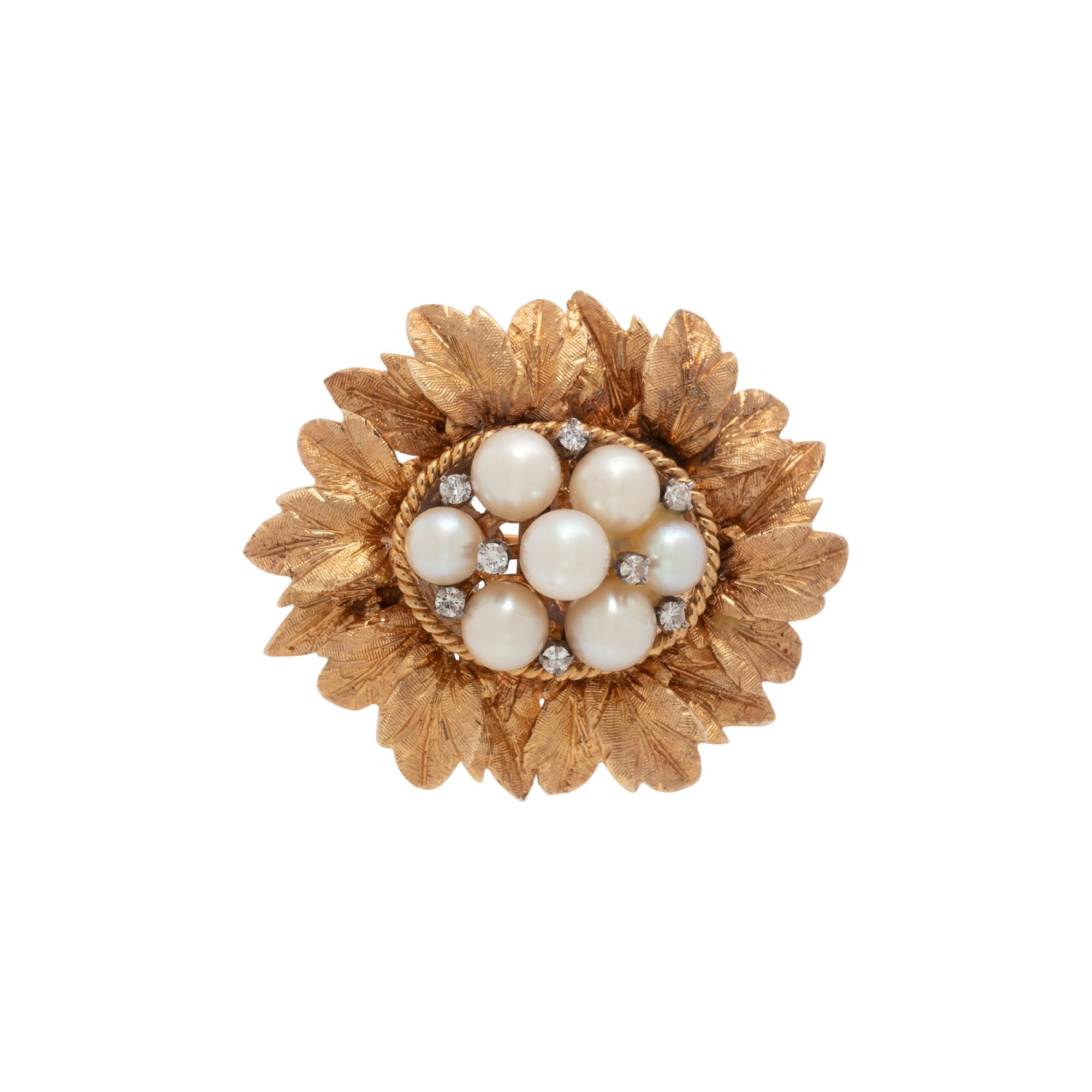 YELLOW GOLD, CULTURED PEARL AND DIAMOND BROOCH